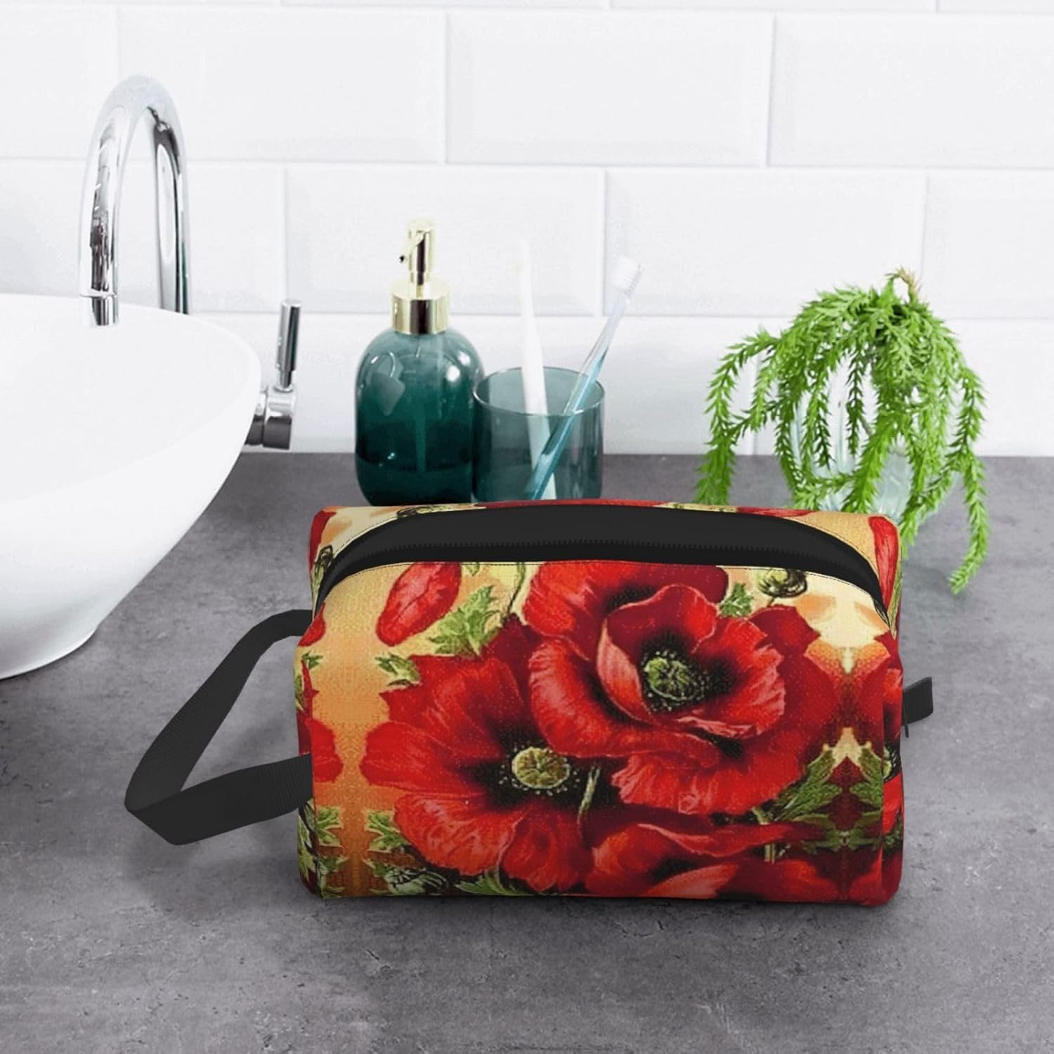 Grande Beauty Case da Viaggio con Fiore di Papavero Rosso - Organizer per Trucchi Versatile da Appendere, Adatto A Donne E Uomini, Design Spazioso per Un Facile Imballaggio E Viaggi Eleganti