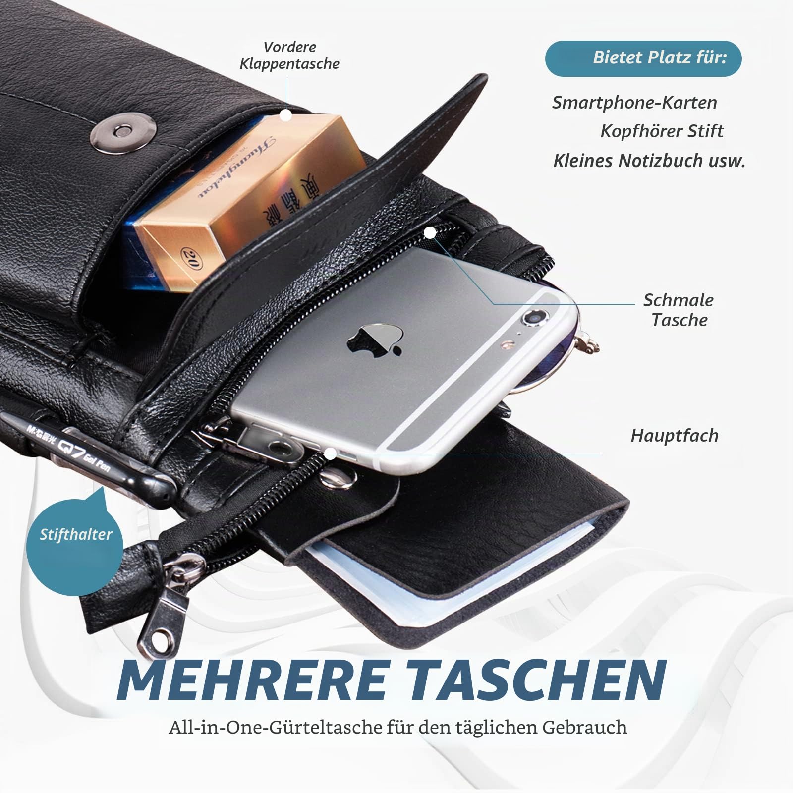 Leder Gürteltasche Schultertasche Herren Outdoor und Reisen Handy Holster Tasche Mit Gürtelschlaufe Gürtelclip und verstellbarem (Schwarz)