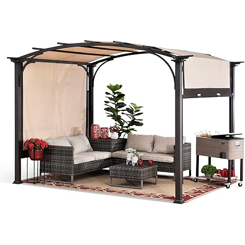 Sunjoy Outdoor Pergola 9.5 x 11 ft. Steel Arched Pergola with Adjustable Canopy for Patio, Backyard and Garden Activities, Tan & Brown