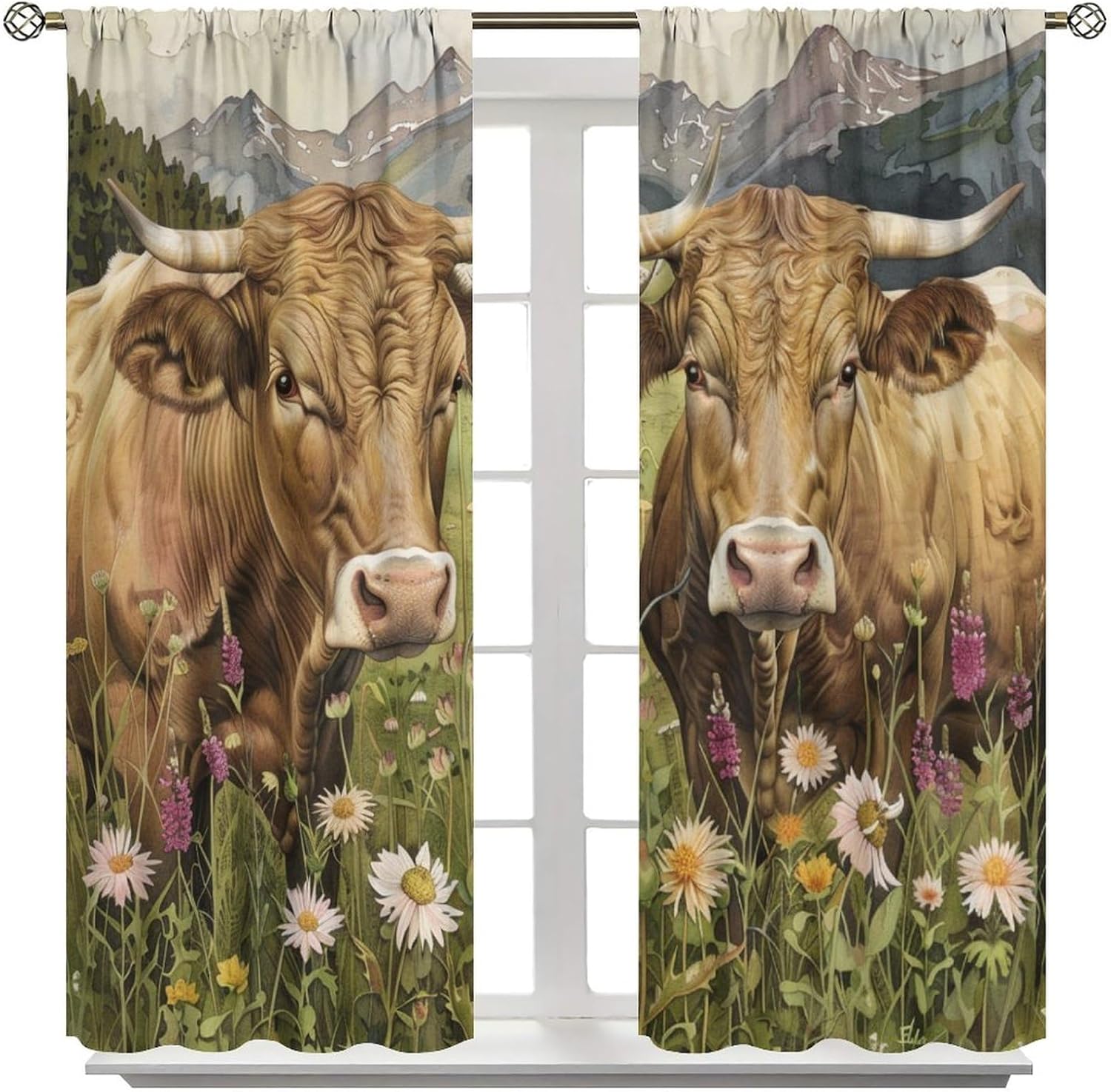 Grassland Cow Daisy Blackout Curtains for Bedroom Living Room, Mountain Animal Cattle Floral Curtains Rod Pocket Thermal Insulated Window Drapes, 2 Panels/Each 21" W x 54" L