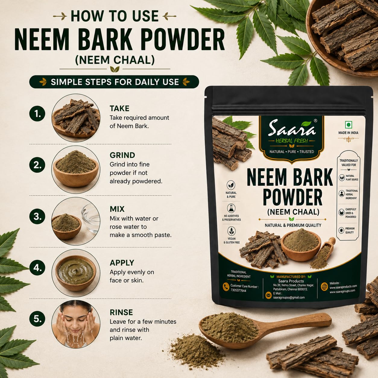 Saara HERBAL FRESH Neem Bark Powder, 100g, Neem chaal, Veppam Pattai, Nimbaka, Azadirachta Indica, Margosa Bark Powder For Teeth & Skin Care, (pack of 1 x 100g) — Amazon image 4