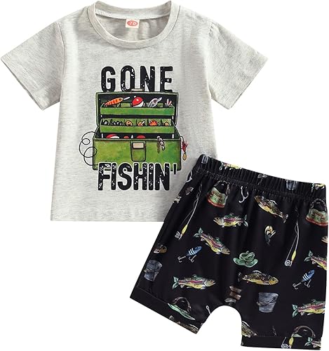 Saliuentm Ropa de verano para recién nacido, camiseta de manga corta, cintura elástica, conjunto de pantalones cortos de pesca, 2 piezas
