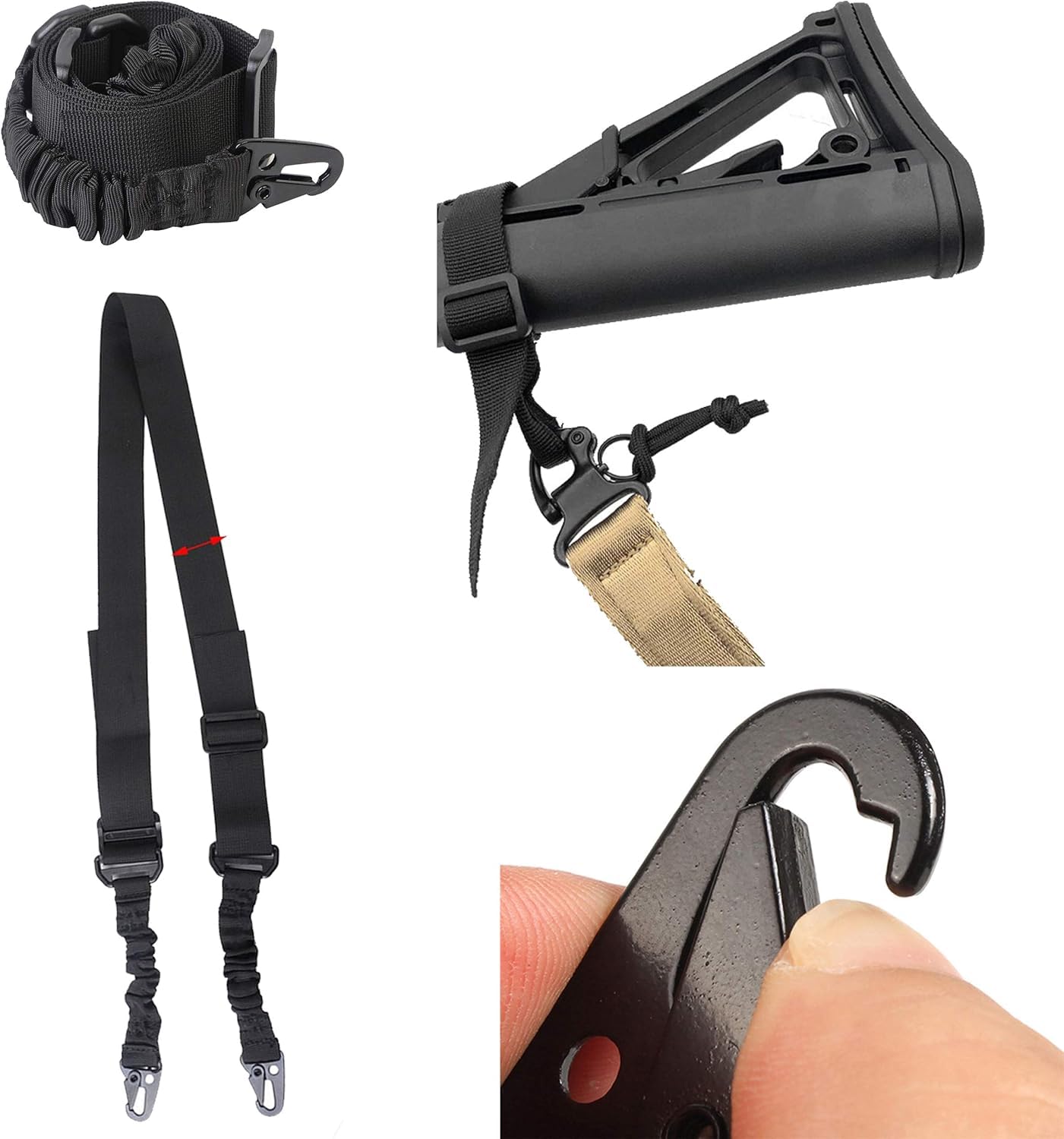 Correa Ajustable Negra Airsoft para Rifle + Enganche Táctico Point Sling 2 Puntos Multiusos Armas Cuerda Paintball Cinta de Sujeción Paracord Sistema Elastico Caza y Deportes Aire Libre