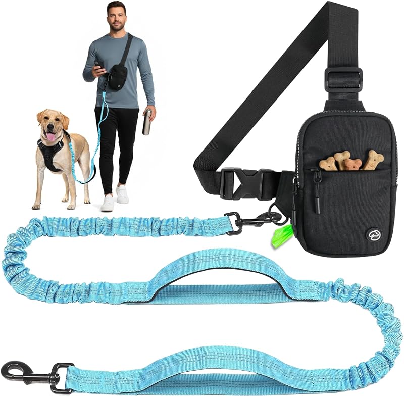 Guia mãos livres para cães com bolsa transversal e corda elástica SimplePaws, Azul