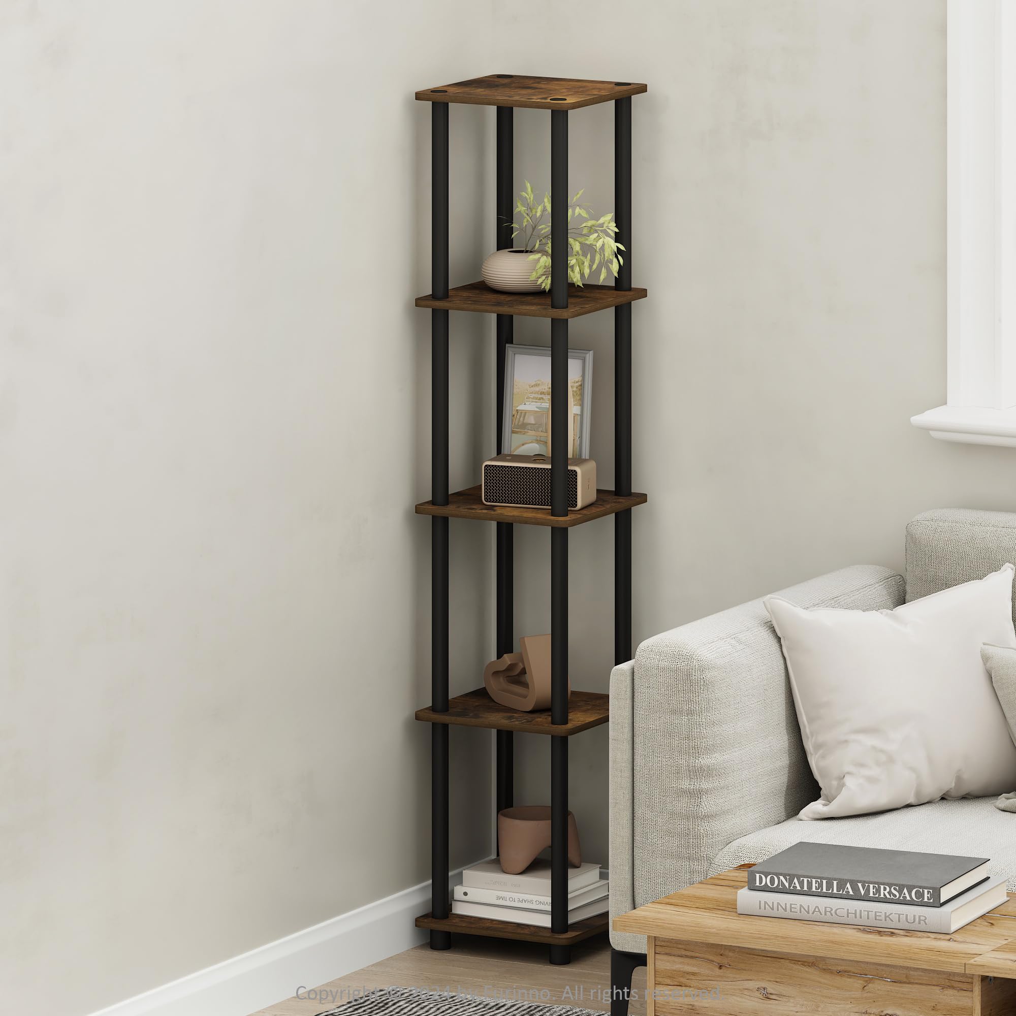 Furinno TURN-N-TUBE Scaffale Portaoggetti, Libreria Quadrata A 5 Ripiani, Mensola Angolare, Ripiani Aperti Senza Attrezzi, Tubi Tondi, Per Organizzazione E Contenimento, Pino Ambrato