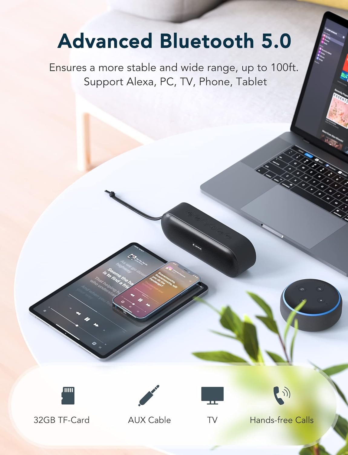 LENRUE A15 speaker connected to laptop, tablet, and smartphone