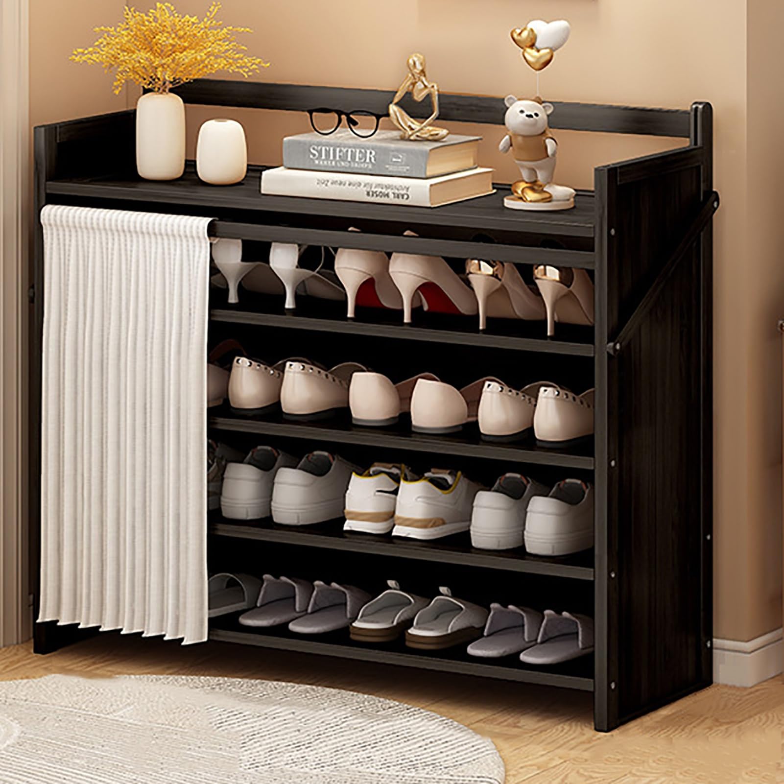 Foldable Shoe Rack No Assembly Required Bamboo Shoe Indoor/Outdoor Storage Shelf Independent Shoe Cabinet for Entryway Camping 2 Tier Black Color(Negro-5 Layers 35.4in)