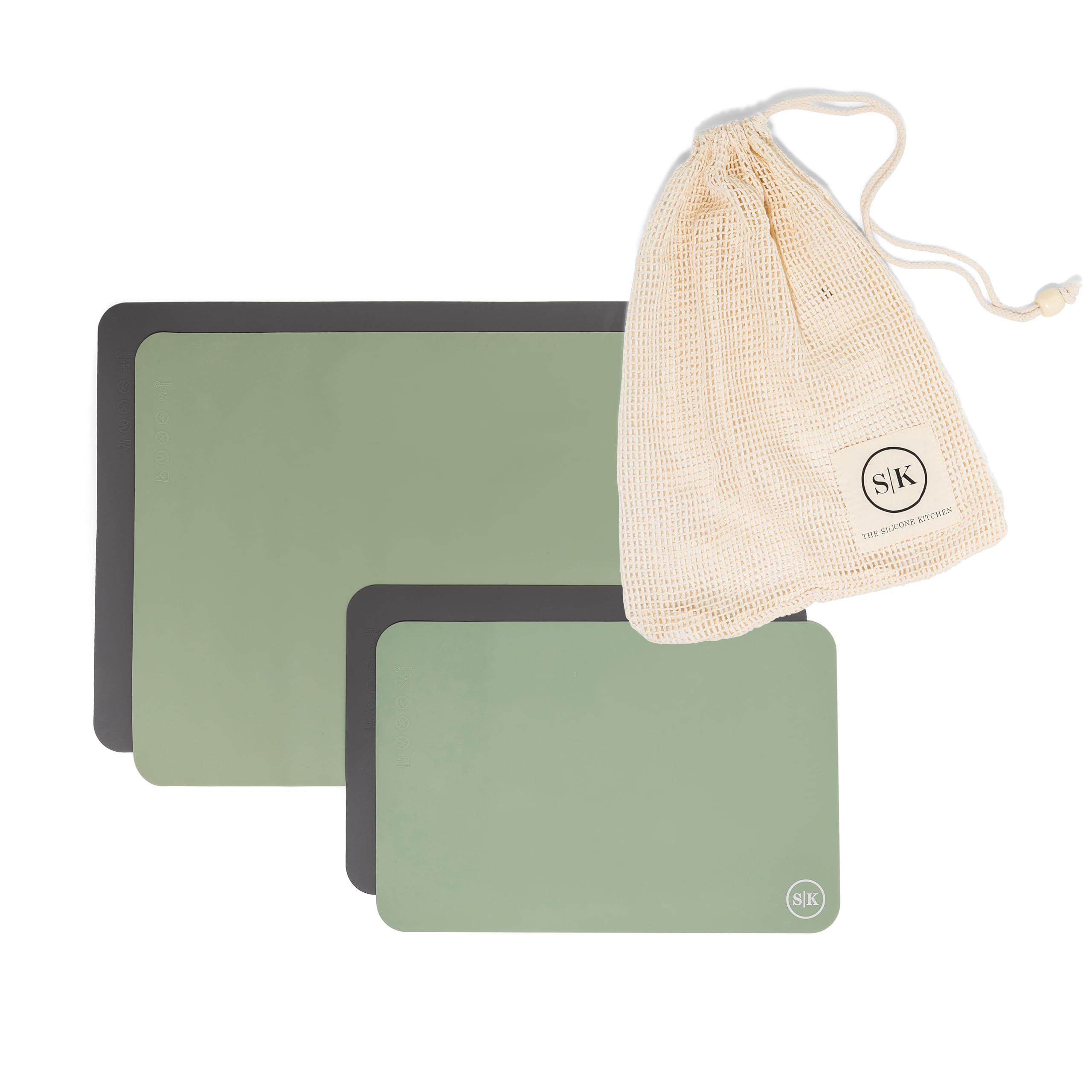 The Silicone Kitchen Wiederverwendbare Silikon-Ofen-Backmatten Geschenk-Set, 2 halbe Blätter, 2 Viertelblätter, Salbeigrün, Dunkelgrau
