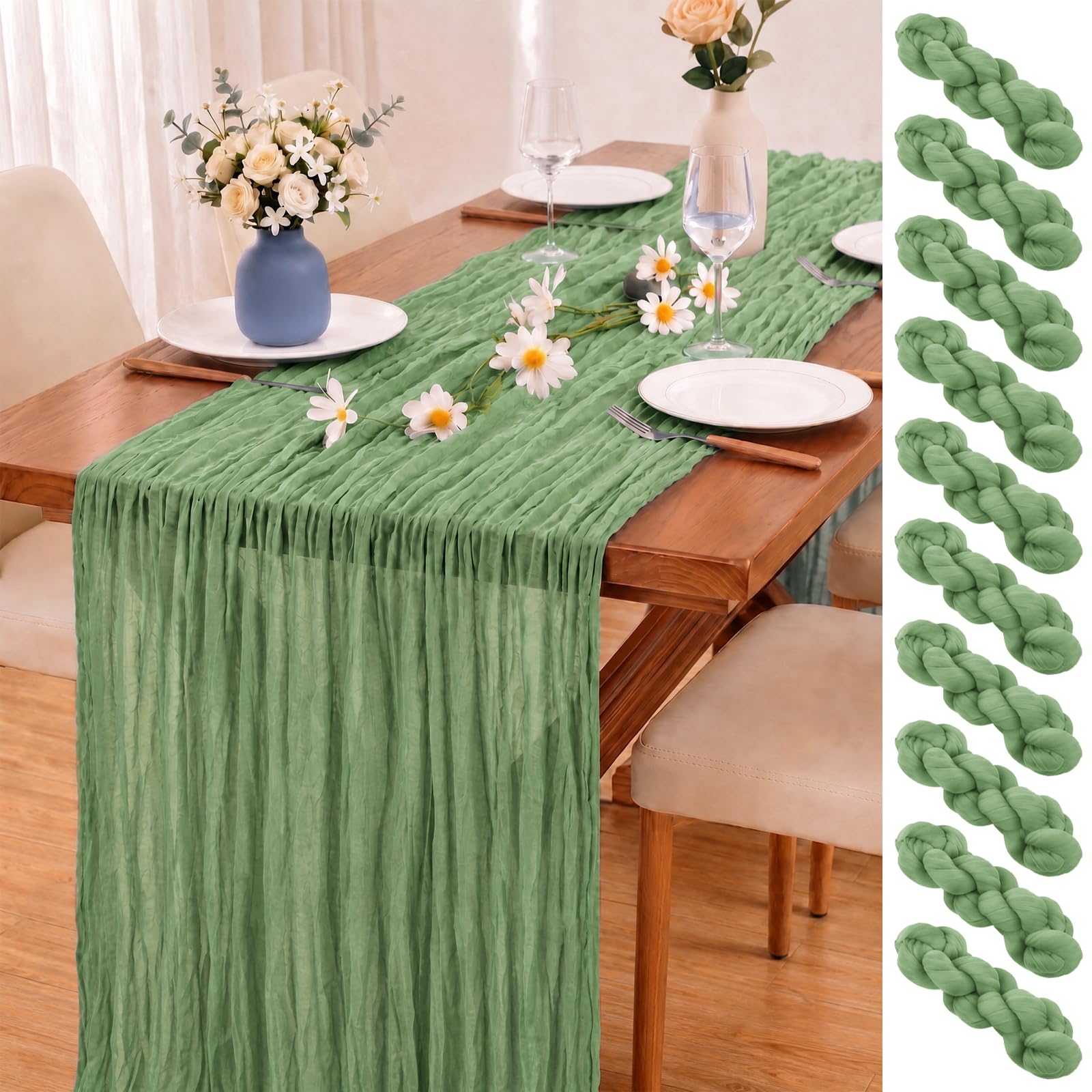 FXKS 10 Pack Sage Green Cheesecloth Table Runners, 20x120 Inch