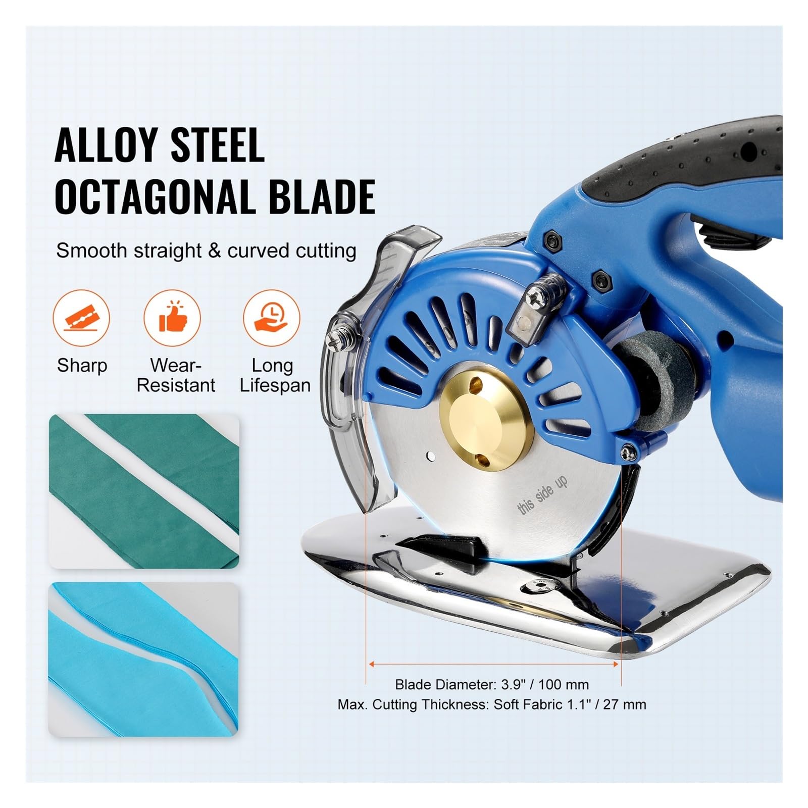 Cortador de tela de 150W, cortadora de tela rotativa eléctrica inalámbrica de 5 velocidades, cuchillo octogonal de espesor de corte de 1,1"