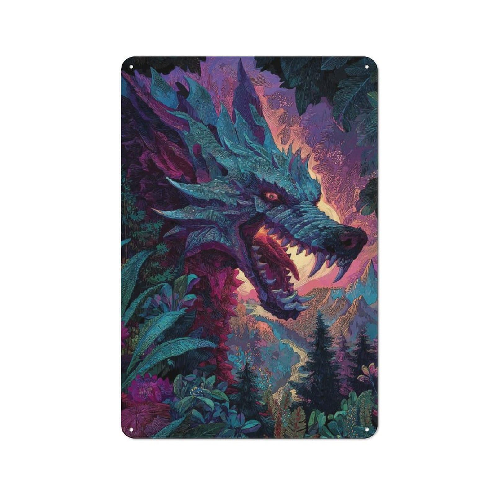 Junmoney Dragon Lush Landscape Metal Wall Sign 30X20cm, Retro Decor For Hallway Wall, For Wall Display Collectors