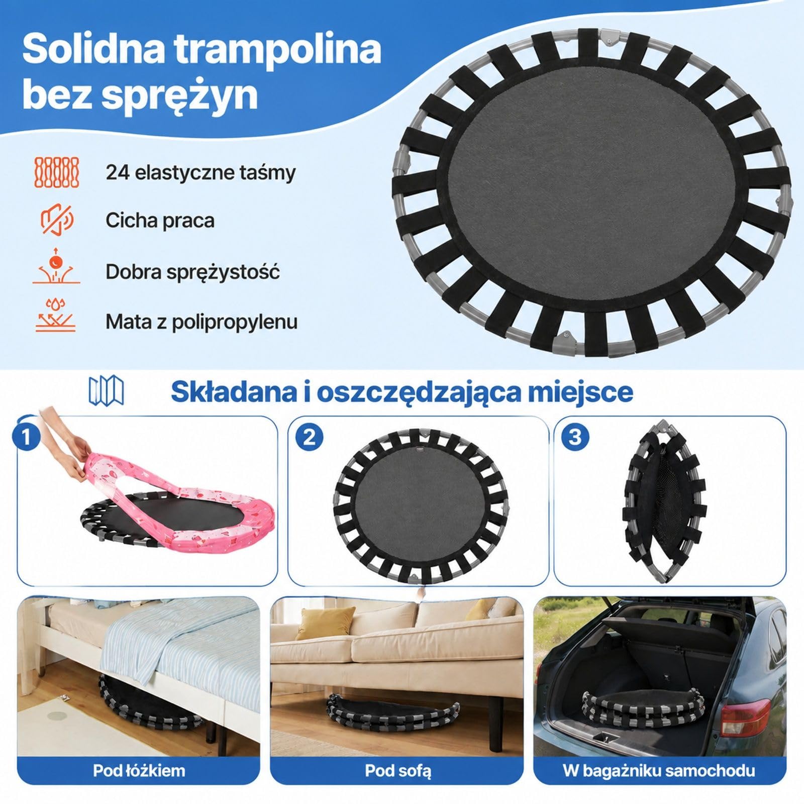 Składana mini trampolina z uchwytem, czerwona, trampolina ogrodowa ze wzmocnionymi nogami i łatwym przechowywaniem
