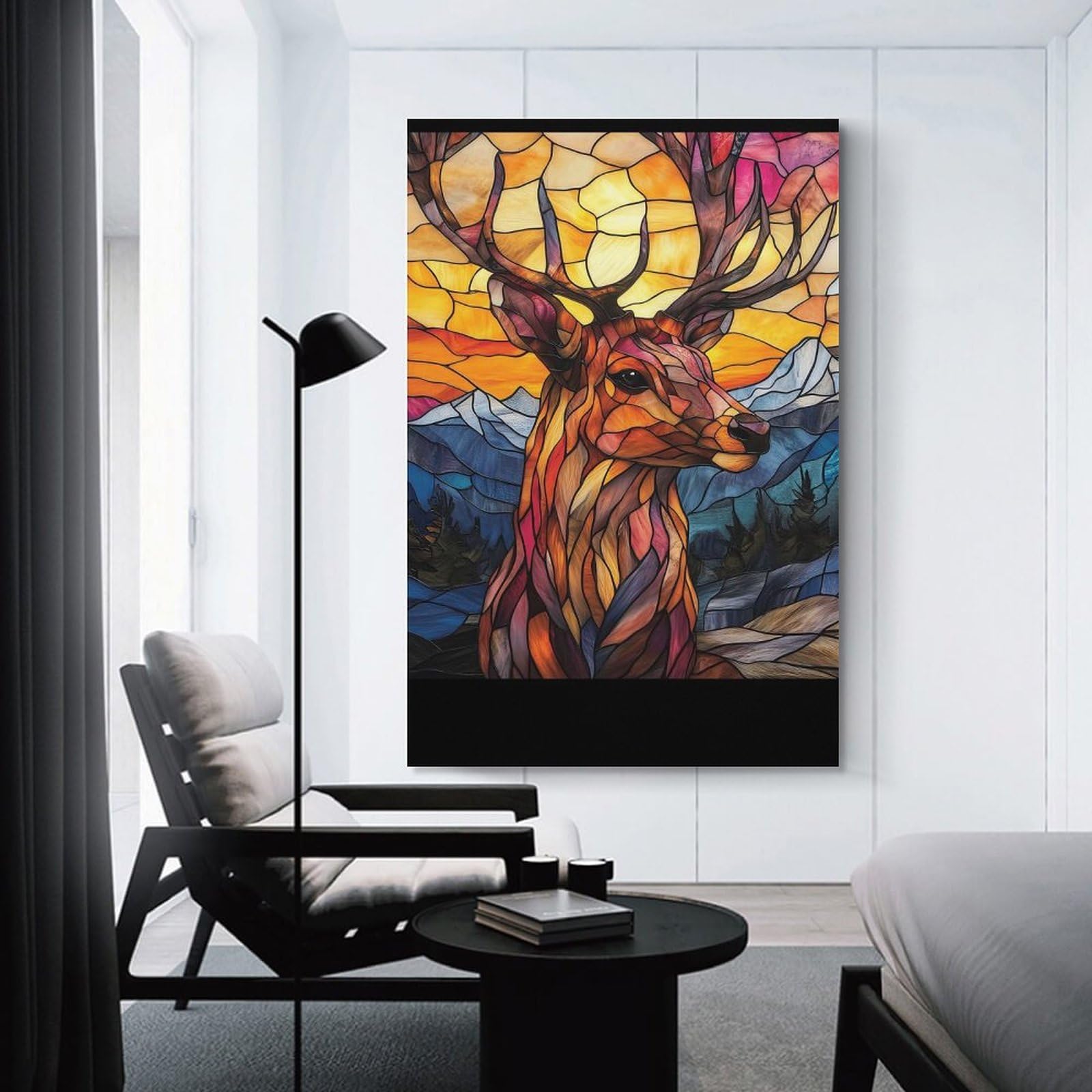 Junmoney Unframe-Stained Glass Deer Stained Glass Deer Wall Decor Canvas Print, 16X24inch(40X60cm), For Wall Displays, Bedrooms Or Room Updates, Wall Decor Suited To Curated Displays