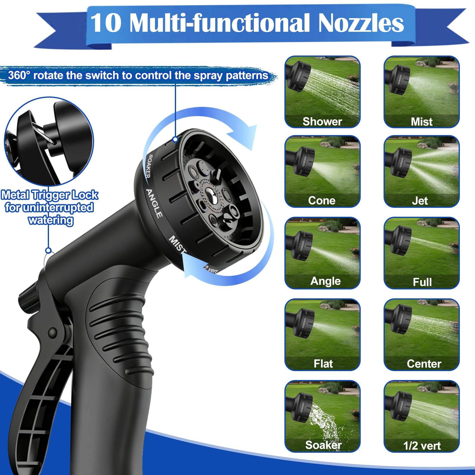 Expandable Garden Hose 100ft Water Hose with 10 Function Nozzle Flexible Expending Hose Kink Free,3-Layers Latex and 3/4 Solid Solid Fittings Retractable Collapsible Gardening Hose Pipe with Hook Blue - 5