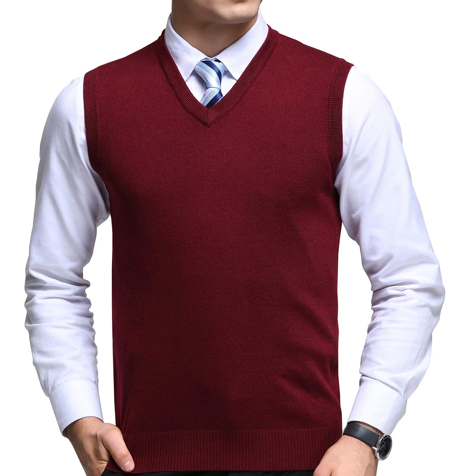 FULIER Mens Winter V-Neck Sleeveless Vest Classic Business Gentleman Knitwear Knitted Waistcoat Sweater Cardigans Tank Tops (Medium, Red)