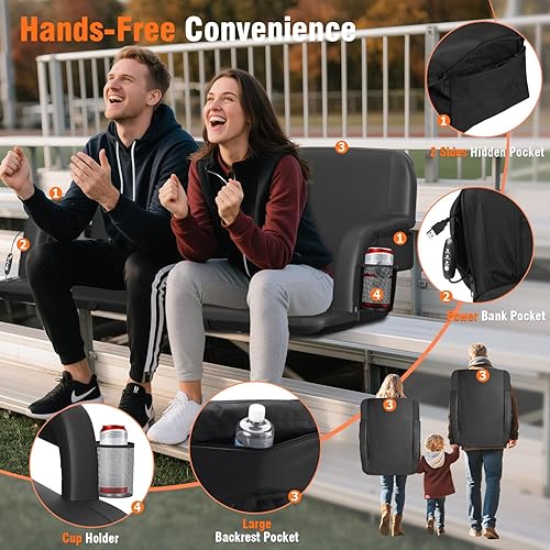 Miniatura 5 de Suteck Dual-Side Heated Stadium Seats with Back Support, Wide Portable Stadium Chair, Foldable Bleacher Chair WUSB 3-Level Heating, 5 Storage