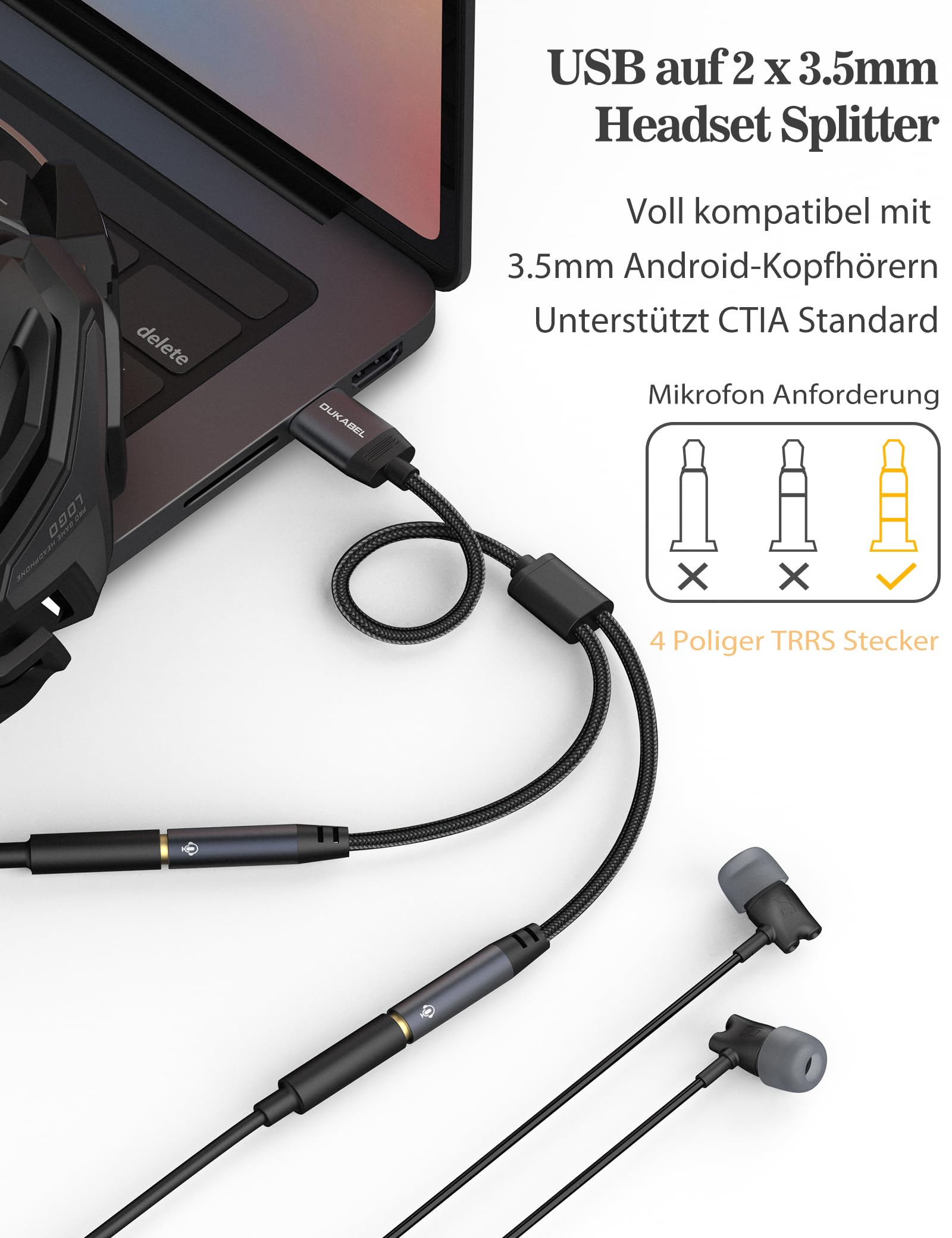 DuKabel Zewnętrzna karta dźwiękowa USB 0,3 m USB na 2 gniazda TRRS 3,5 mm (Audio+Mic) Headset Splitter Stereo Audio Y adapter kabel odpowiedni do PC, PS4, PS5, laptopa, głośników, słuchawek - Top