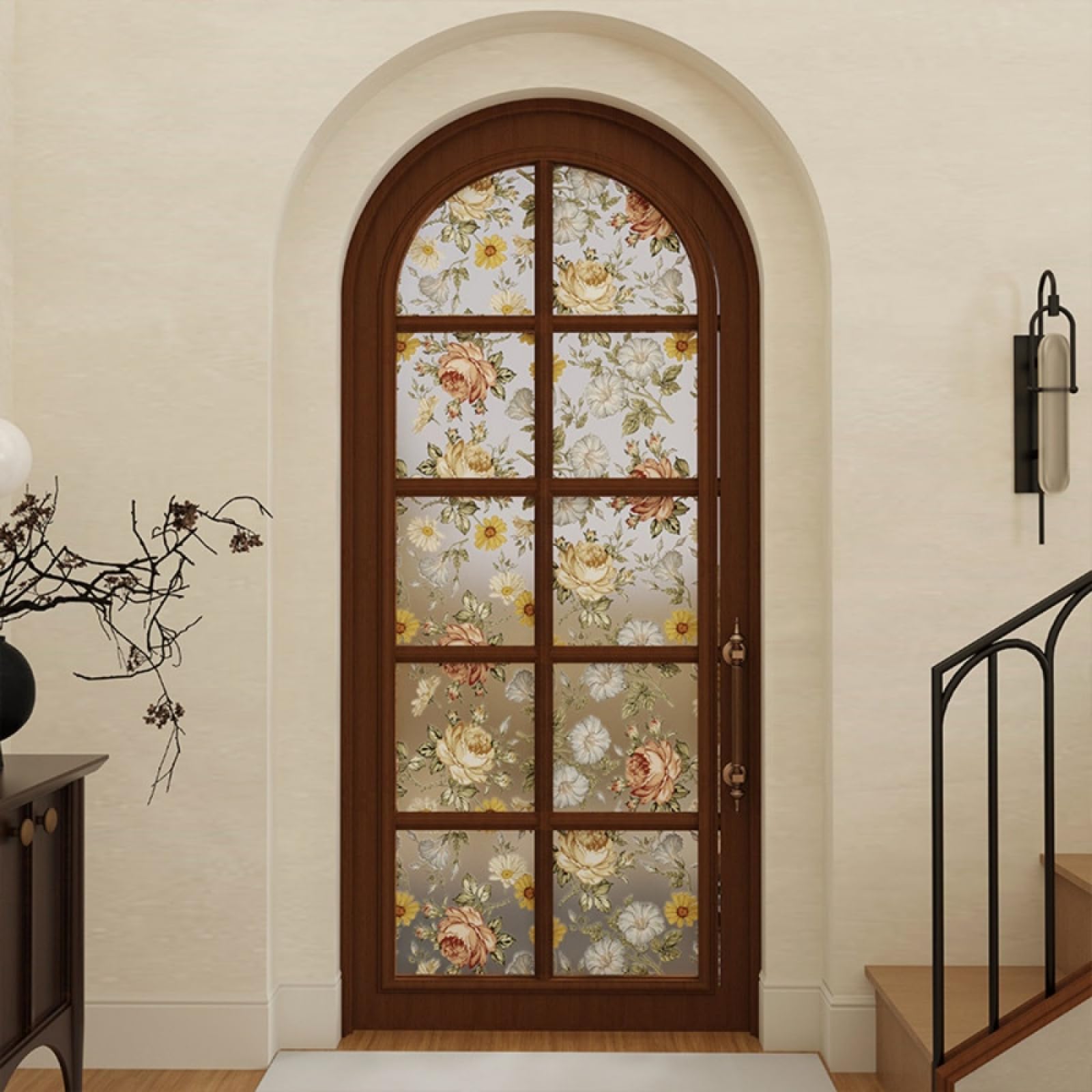 Fensterfolie Blickdicht 90x200CM Retro Blumen Statisch Selbsthaftend Dekorative Folie, Abnehmbare Glasfolien Anti-UV, für Badezimmer küche