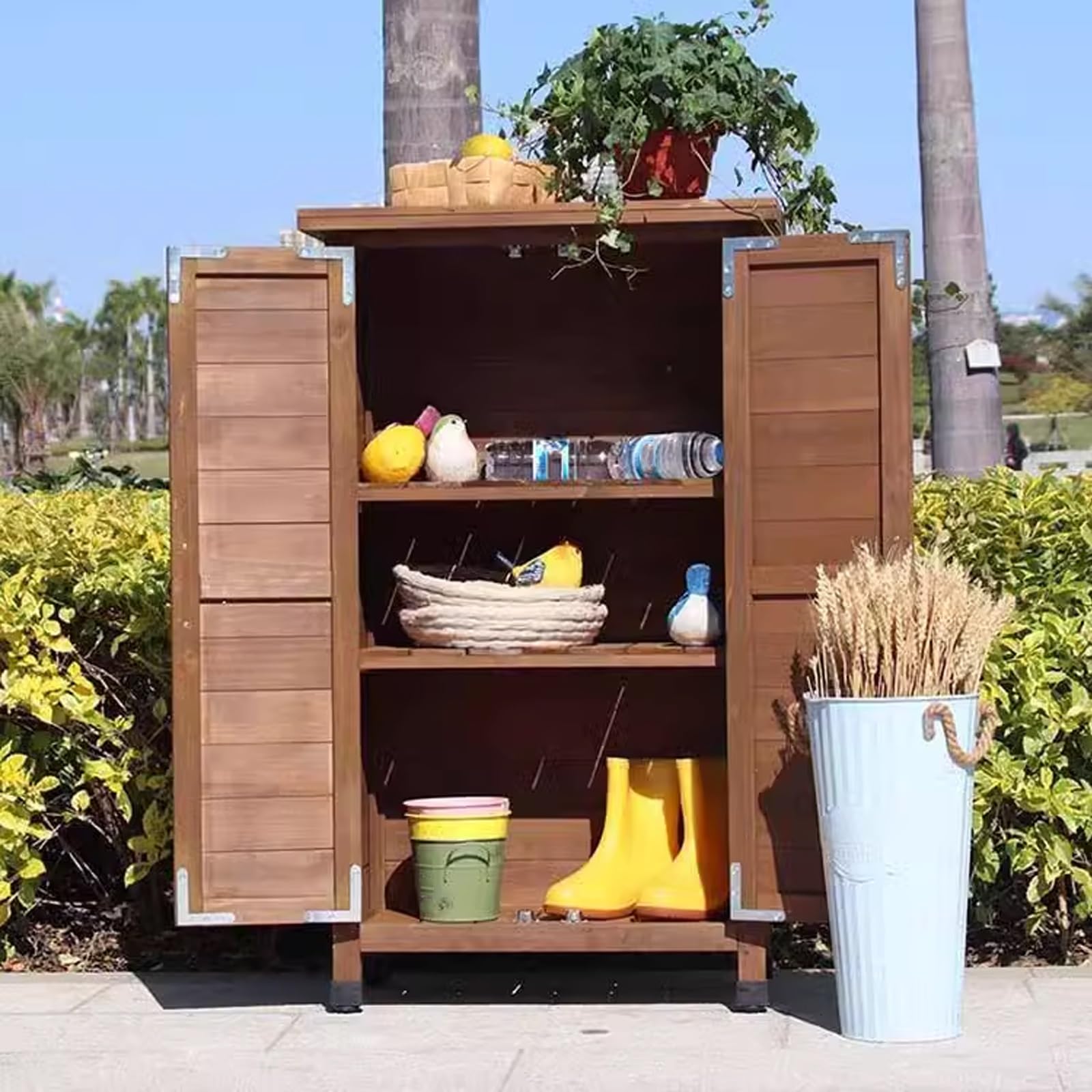 Amazon | 屋外物置 大型 床あり 両開きドア付き 幅59*奥行き34*高さ