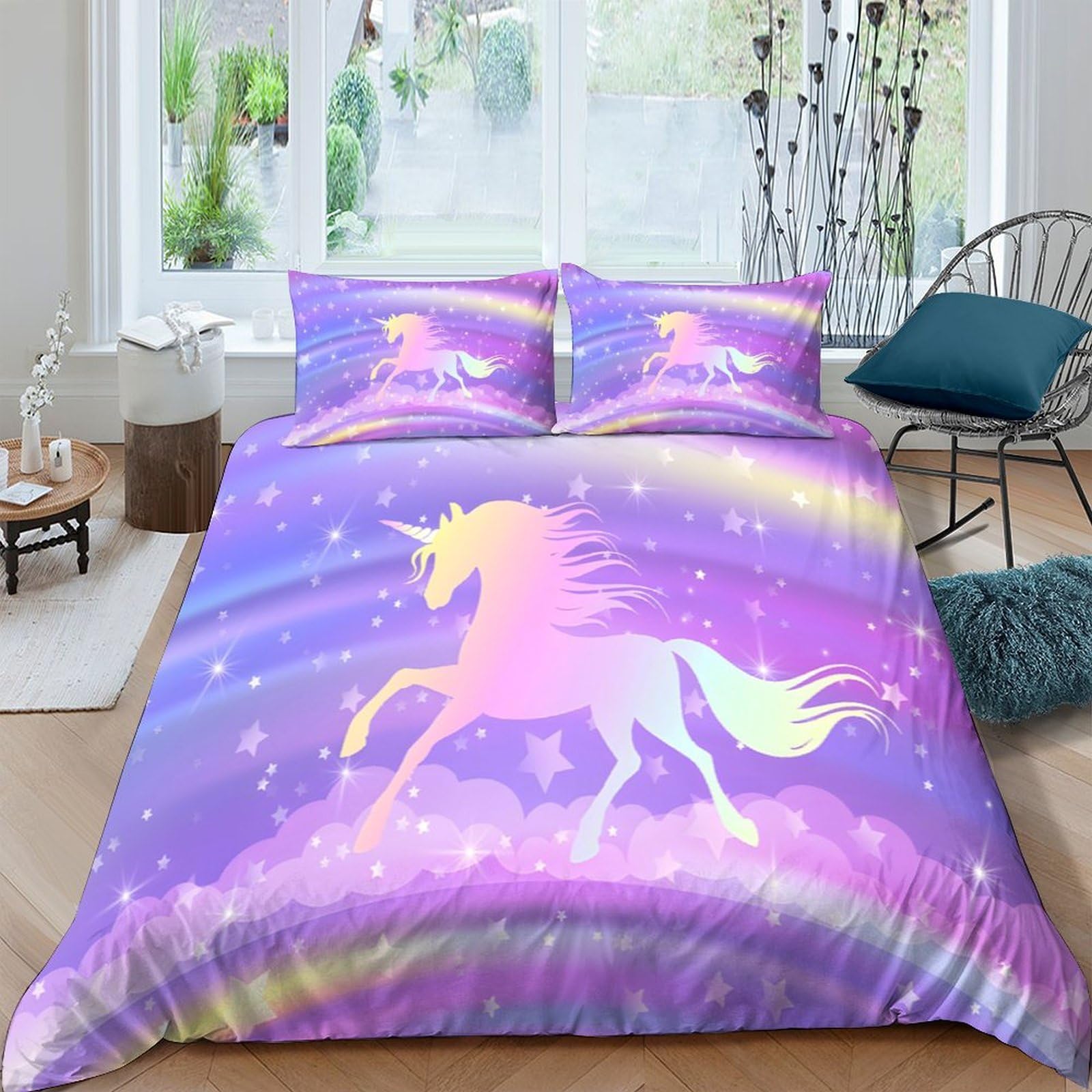 Housse de couette licorne pour lit King et parure féerique arc-en-ciel