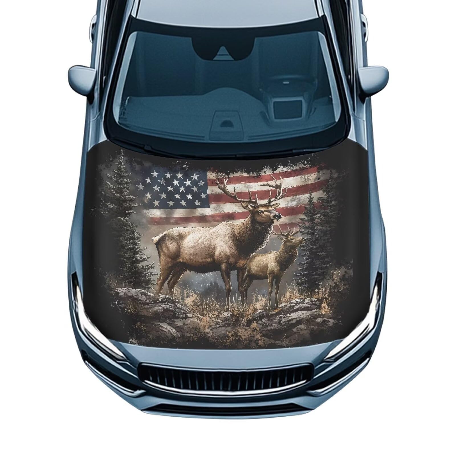 Elk USA Flag Car Hood Cover Polyester Elastic Fabrics Can be Washed Suitable for Large SUV and Pickup Trucks
