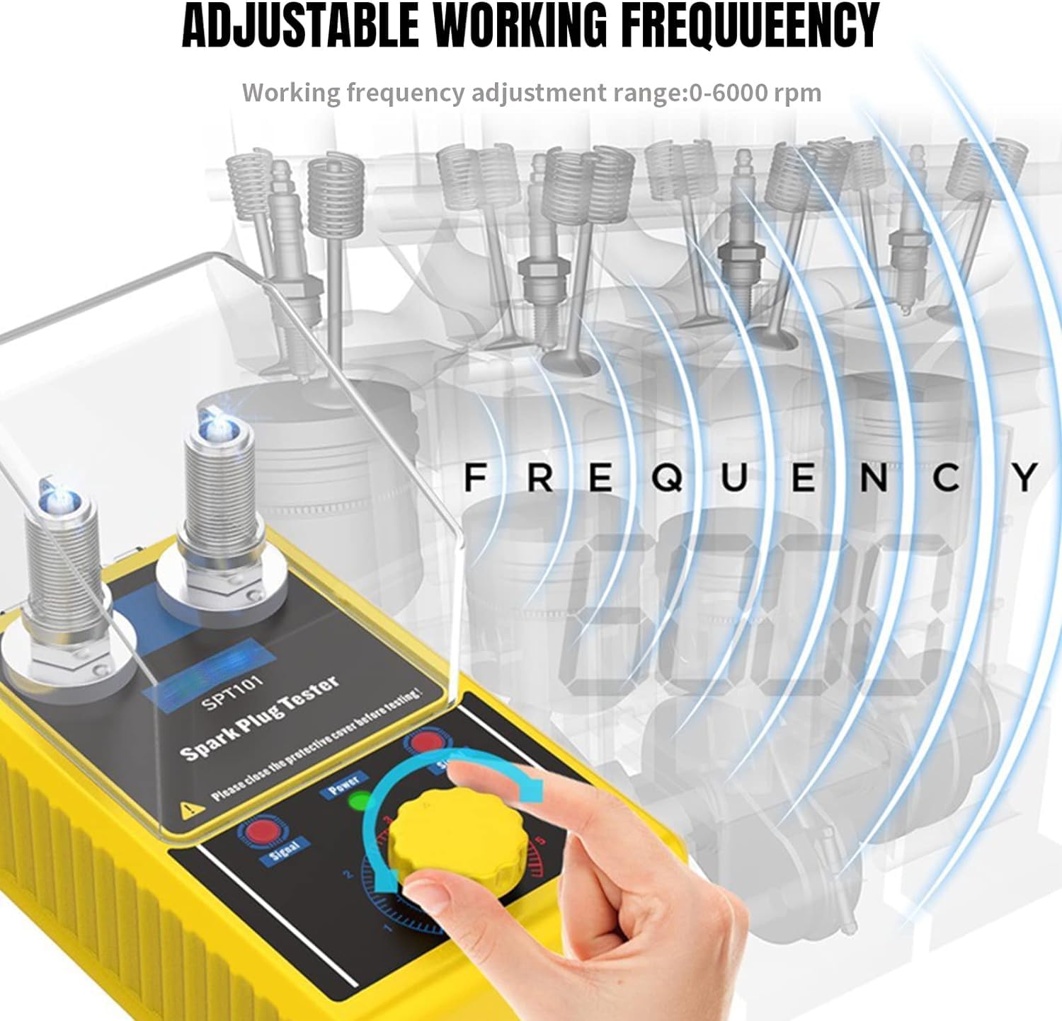 Spark Plug Tester Dual-Hole Spark Tester 0~6000rpm Adjustable Frequency Ignition Coil Tester with Protective Cover&Indicator Prompt, Automotive Ignition Coil Tester Analyzer for 12V Gasoline Vehicles