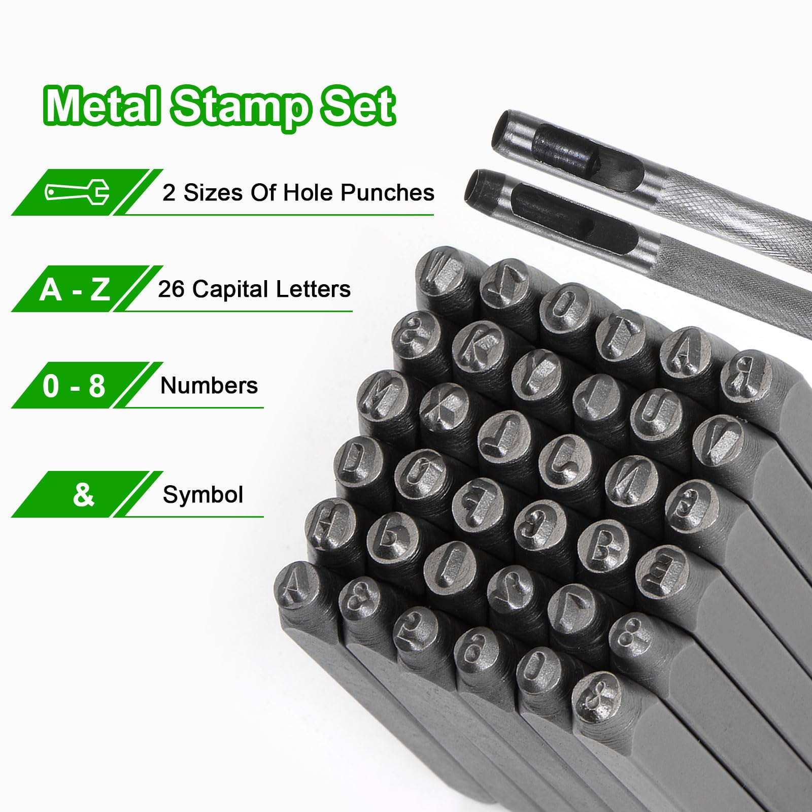 QUARKZMAN 36pz Metallo Stampaggio Kit 1/4" (6mm) (AZ, 0-8,"&" Simbolo) Acciaio Lettera Pugno Premere Utensile con Foro Pugno per Stampa su Metallo, Plastica, Legno, Pelle, Argento