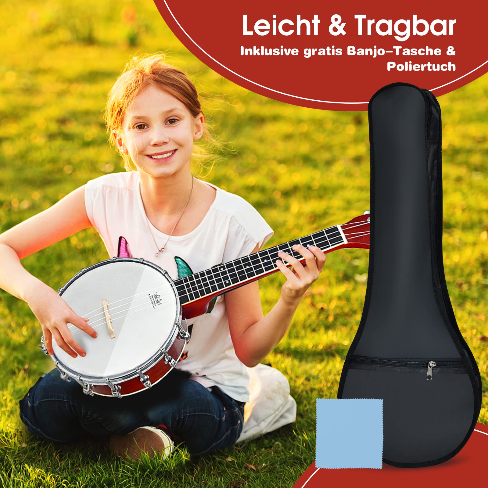 COSTWAY 4 Saiten Banjo 24 Zoll mit Reinigungstuch, Stimmgerät, Gurt, Saiten, Tasche, Reise Banjolele Set Ukulele für Kinder & Anfänger
