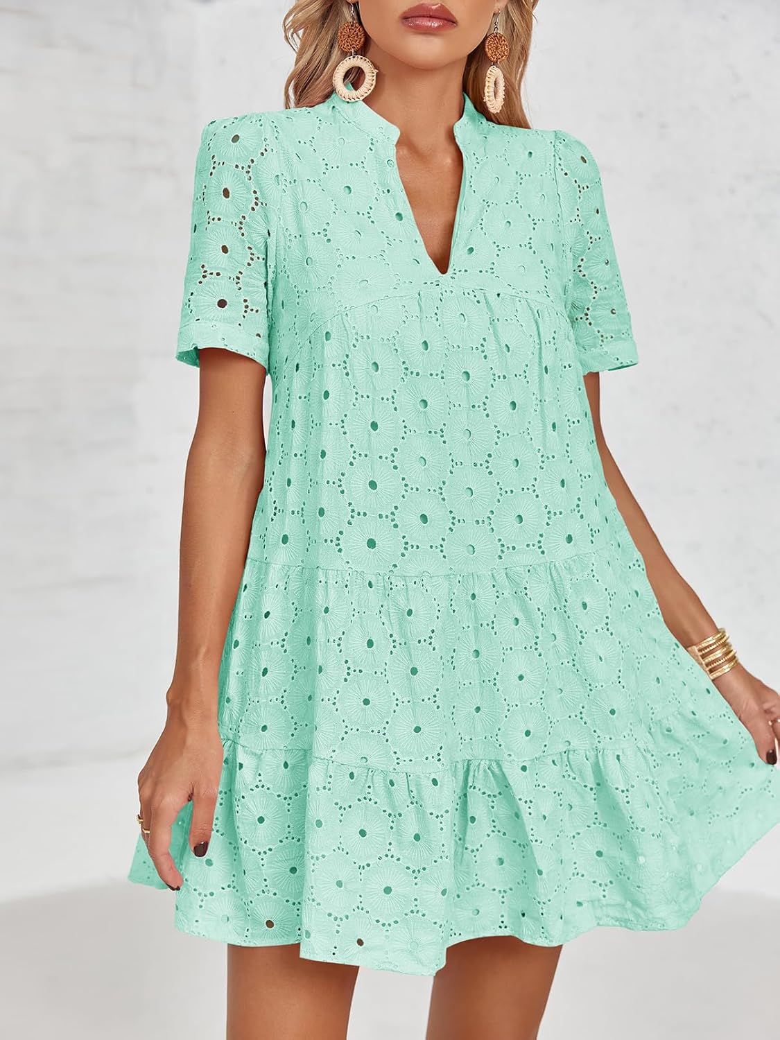 Imily Bela Womens Summer Lace Dresses Eyelet Casual Flowy Babydoll Swing Short Sleeve V Neck Tunic Dress
