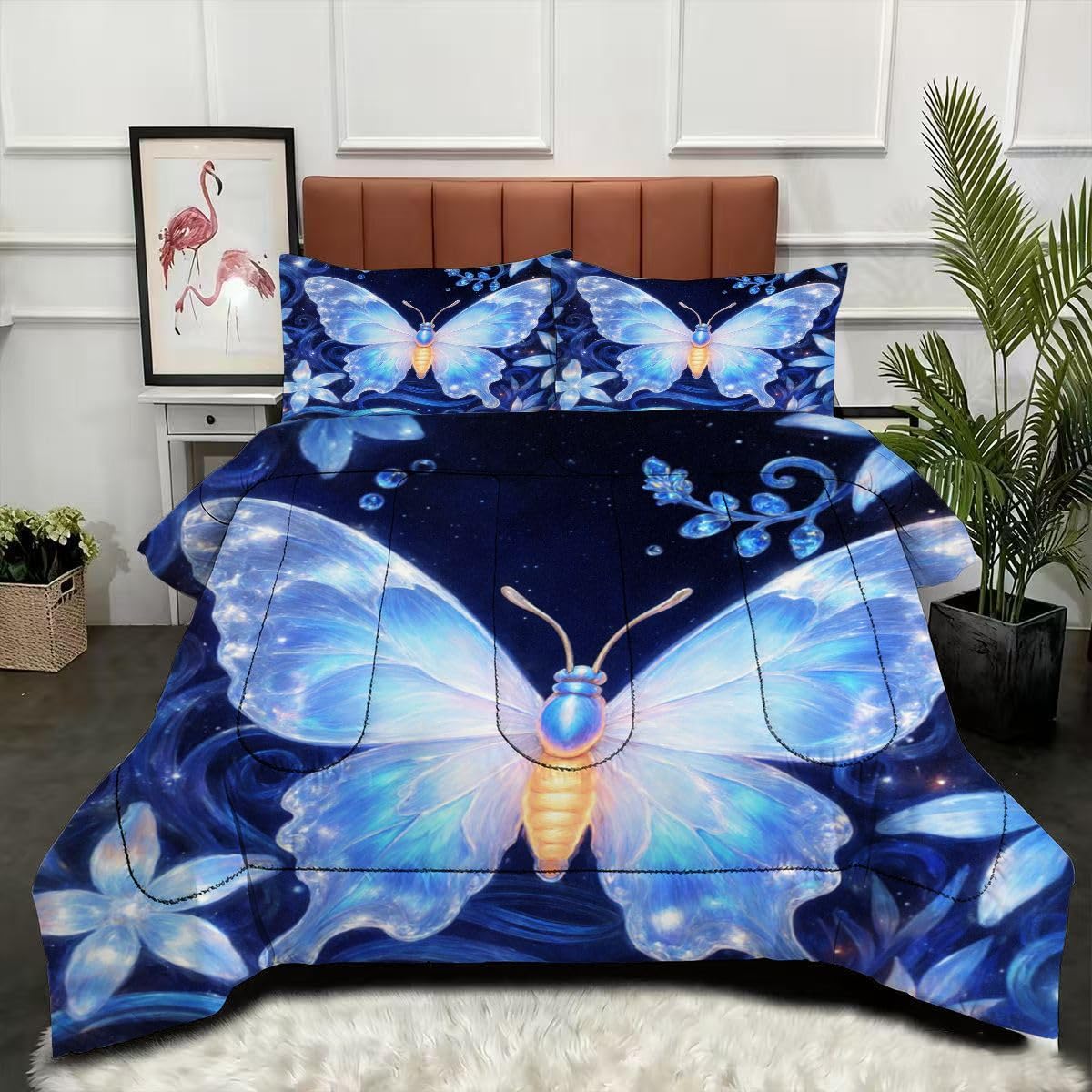 Couette 240 x 260 cm légère en microfibre imprimée papillons avec ses deux taies