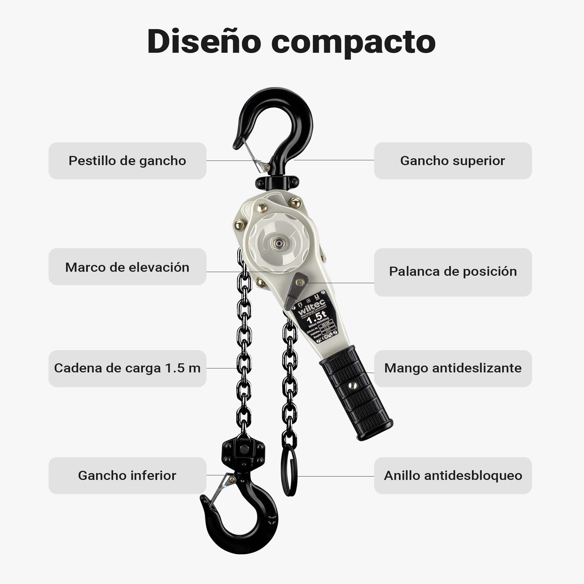 Wiltec Polipasto de palanca 3 t compacto y seguro con empuñadura giratoria 360°, freno doble, gancho de acero forjado, ideal para espacios reducidos, elevador de cadena manual resistente