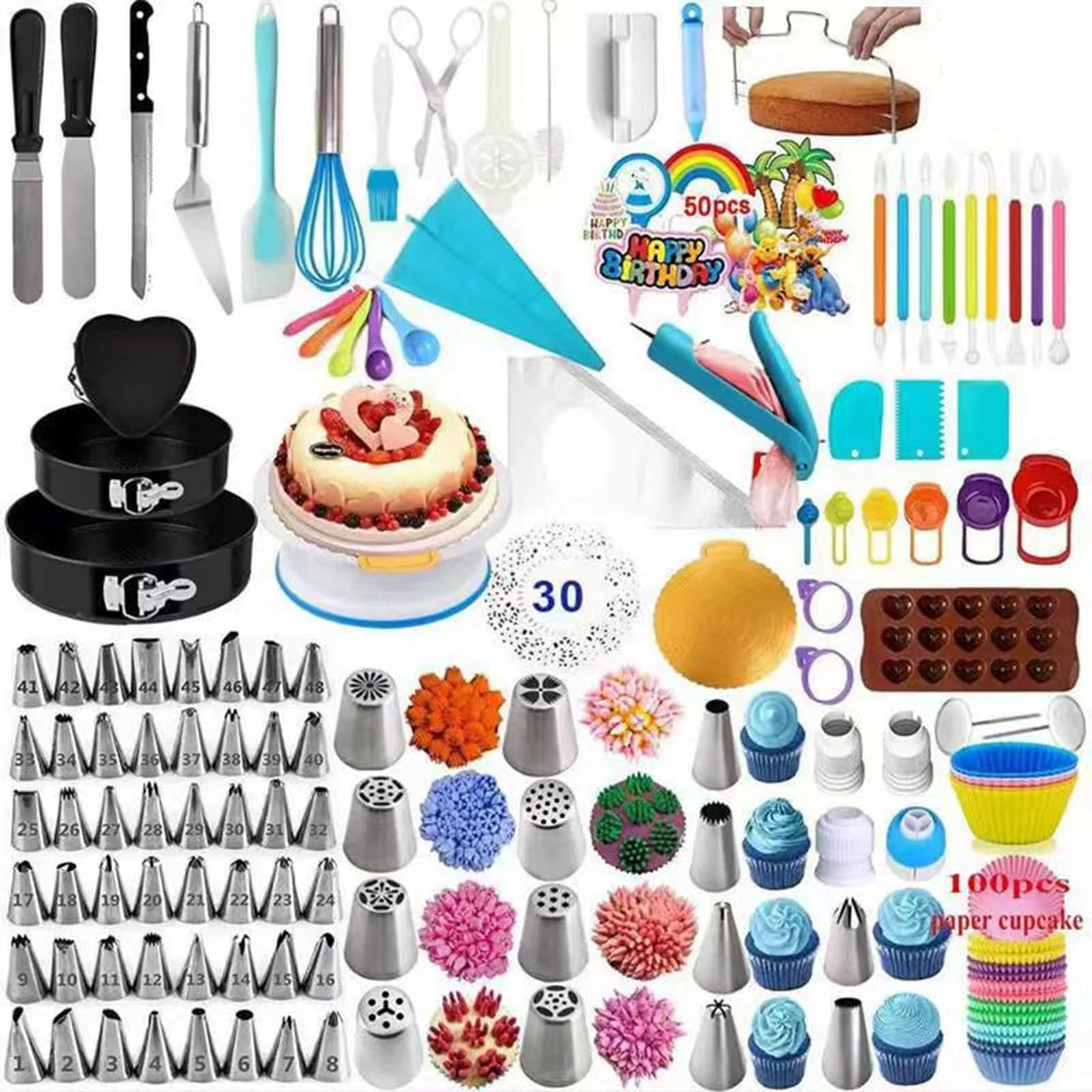 QSWLHLYY Cake Decorating Kit with Rotating Turntable, Non-Stick Cake Pans, Piping Tips, Spatulas, Scrapers & Silicone Cupcake Liners - Complete Baking Supplies for Beginners & Home Bakers 398PCS