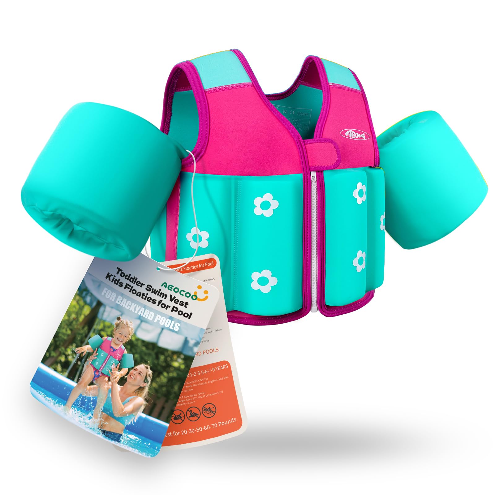 AEOCOO Toddler Swim Vest 20-30-50-70 Pounds, Kids Pool Floaties for 1-2-3-5-7-9 Years Old, Comfortable Wear Bright Float Jacket with Water Ring,