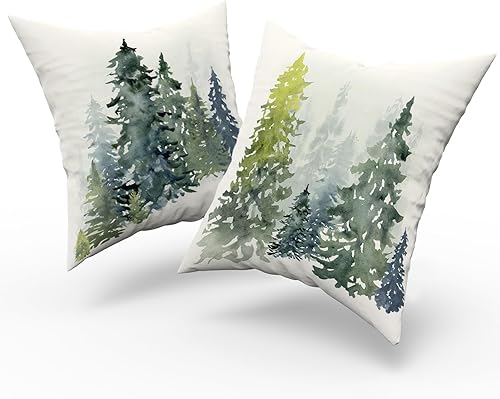 Miniatura 3 de Juego de 4 fundas de almohada con diseño de árbol de Navidad en acuarela, rústico, naturaleza, bosque, azul y verde, decoración de pino, primavera,