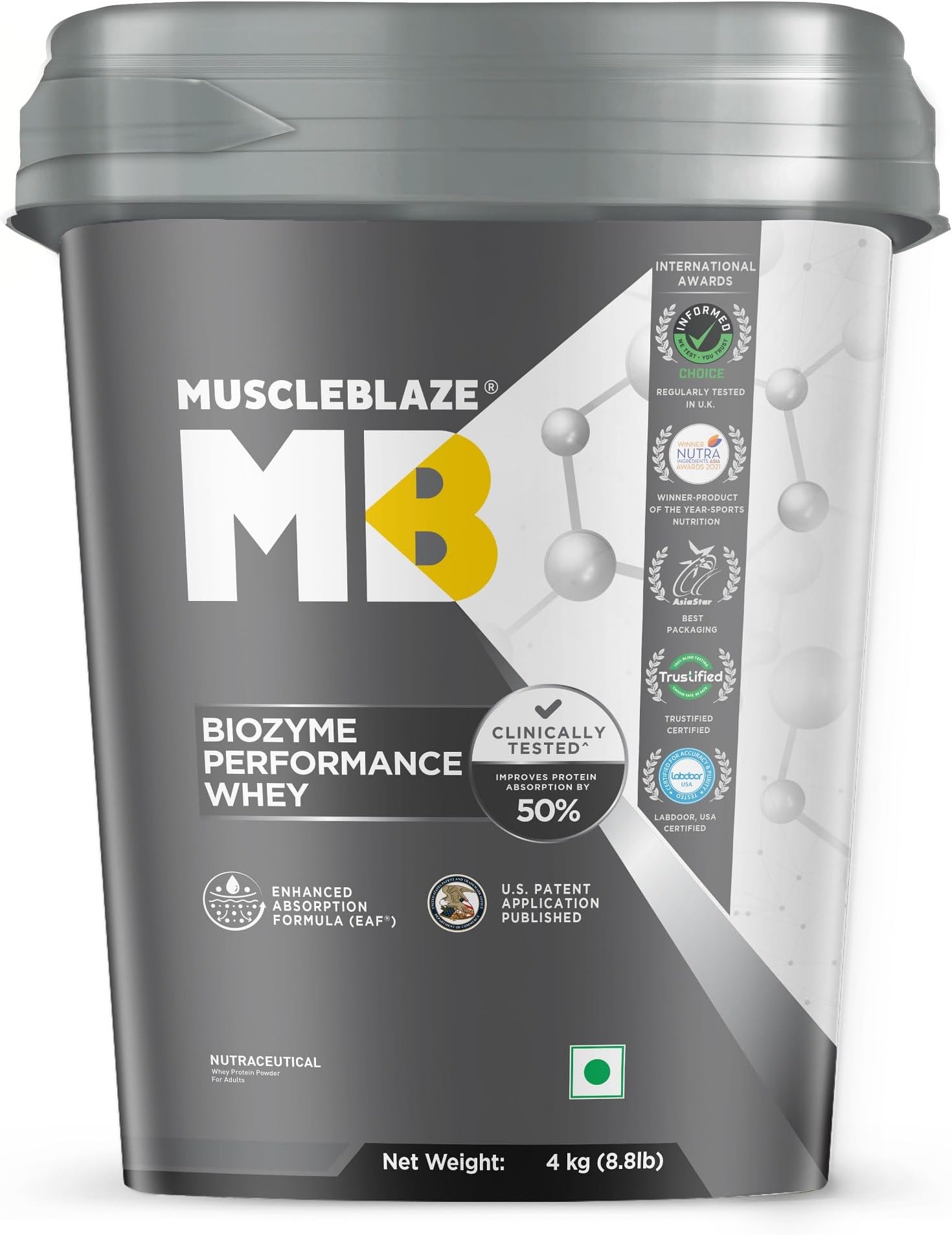 MuscleBlaze Biozyme Performance Whey Protein Powder, Rich Chocolate (4kg / 8.8lbs) | 25g Protein Per Scoop | Clinically Tested 50% Higher Protein Absorption