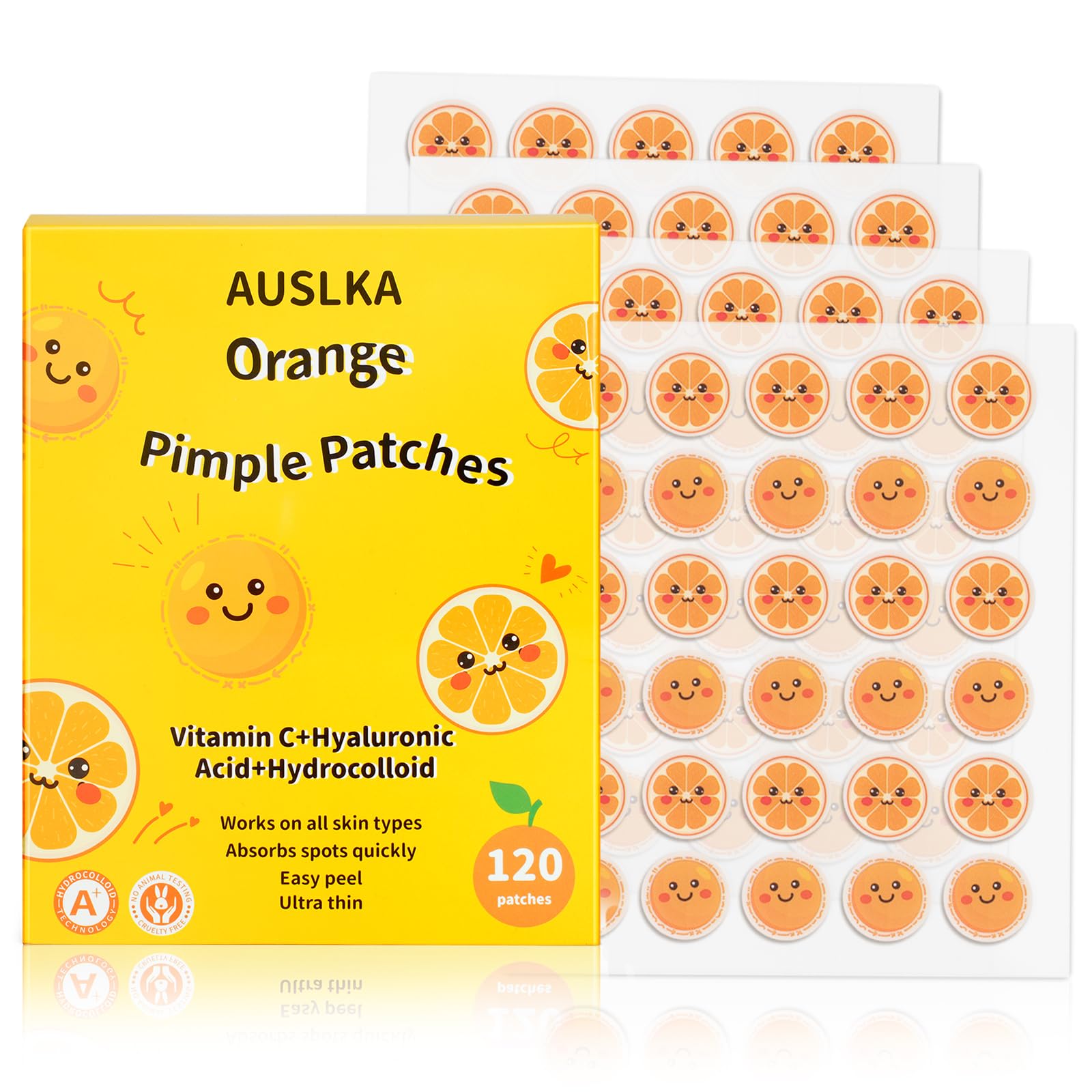 AUSLKA Pimple Patches for Face, Cute Orange Blemish Patches Contain Vitamin C Brighten & Reduces Black Pimple Marks, Cute Zit Patches Cover Pimple in Skin, 120 Patches