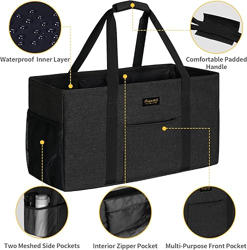 Miniatura 4 de GhvyenntteS Bolsa de mano extra grande, bolsa de utilidad con marco de alambre de metal y tablero inferior duro, bolsas de comestibles, negro,