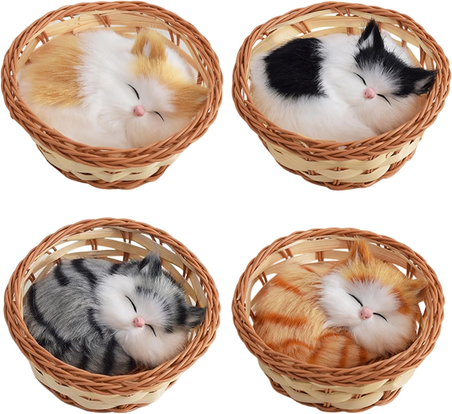 Fake Cat, 4Pcs Mini Cat Toys for Kids, Sleeping Cat in Basket Cat Nap Toy with Meows Sounds for Office Desk Hand Toy Gift for Kids Boys Girls