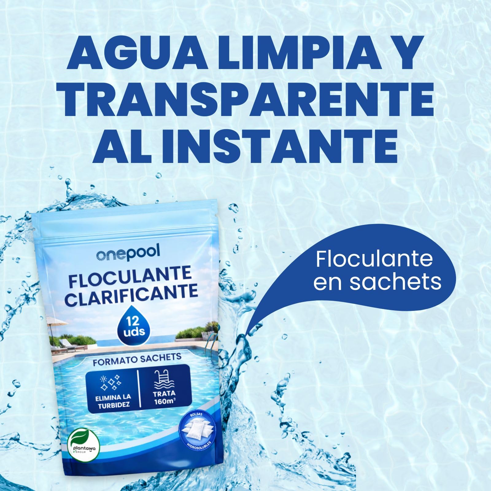 PLANTAWA Flocculante in polvere 12 bustine | Flocculante Chiarificante per Piscine, Equivale 1,5 KG, Eliminatore Turbidità, con Ingredienti Origine Naturale, Vegano, Tutti i Tipi Piscine, SPA
