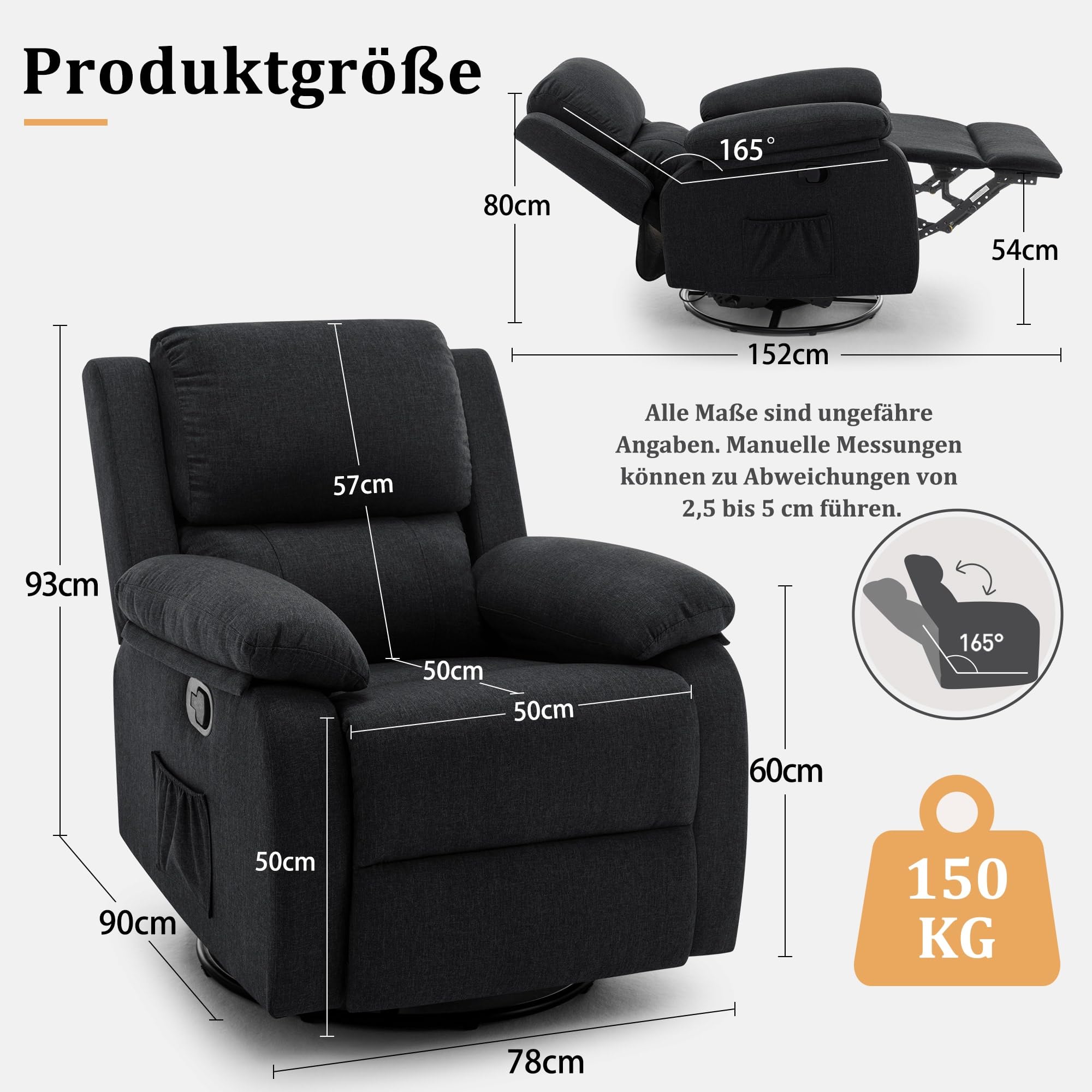 Korser Relaxsessel mit liegefunktion, 360° Drehbarer Massagesessel mit Wärmefunktion & Schaukelfunktion, Kompakter Manuell Verstellbarer Liegesessel, Gepolsterter Fernsehsessel für Wohnzimmer