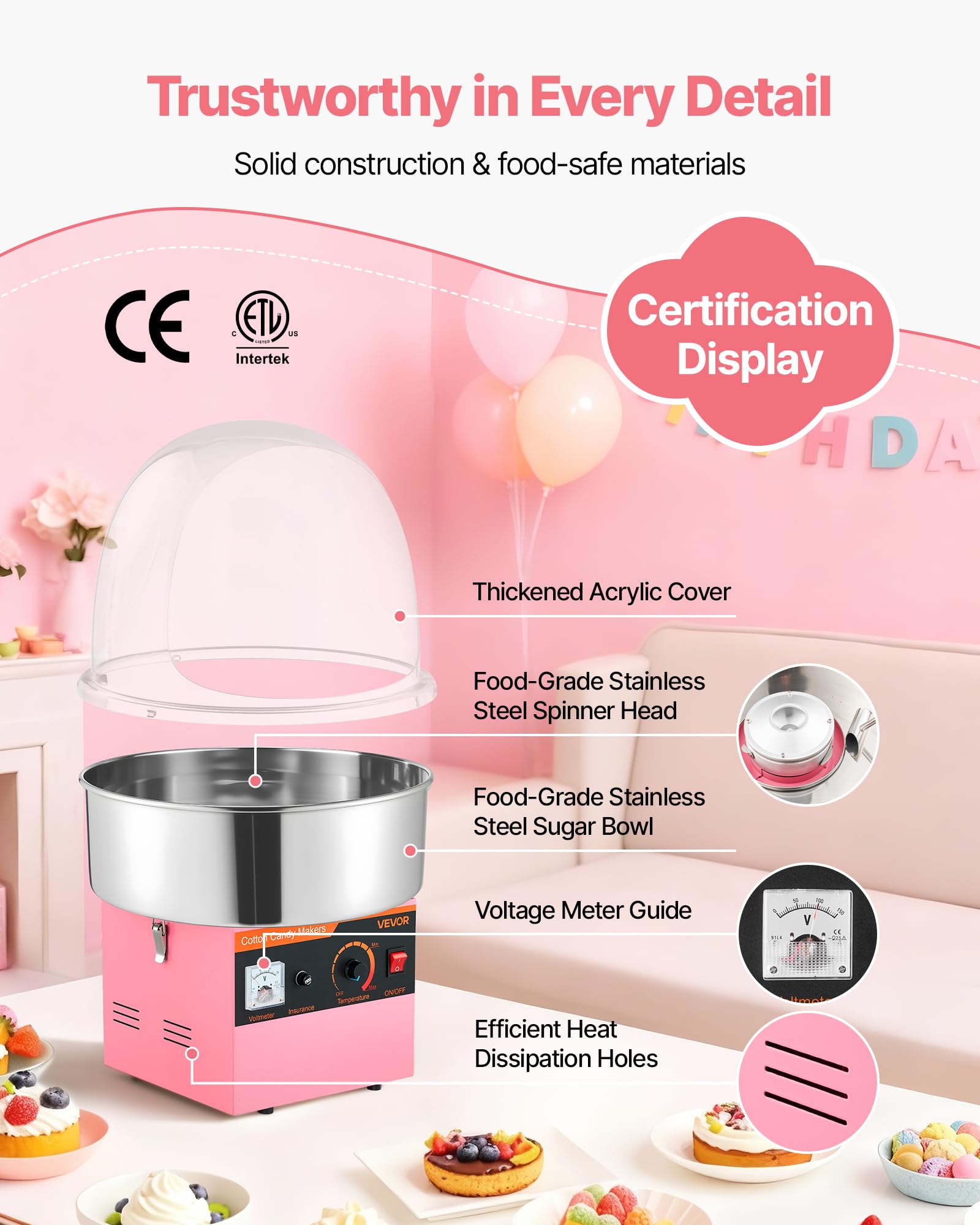 VEVOR Máquina Eléctrica de Algodón de Azúcar 1000 W, Máquina para Hacer Algodón de Azúcar con Tapa, Recipiente de Acero Inoxidable y Cuchara para Azúcar, para Carnavales, Cumpleaños, Fiestas, Rosa