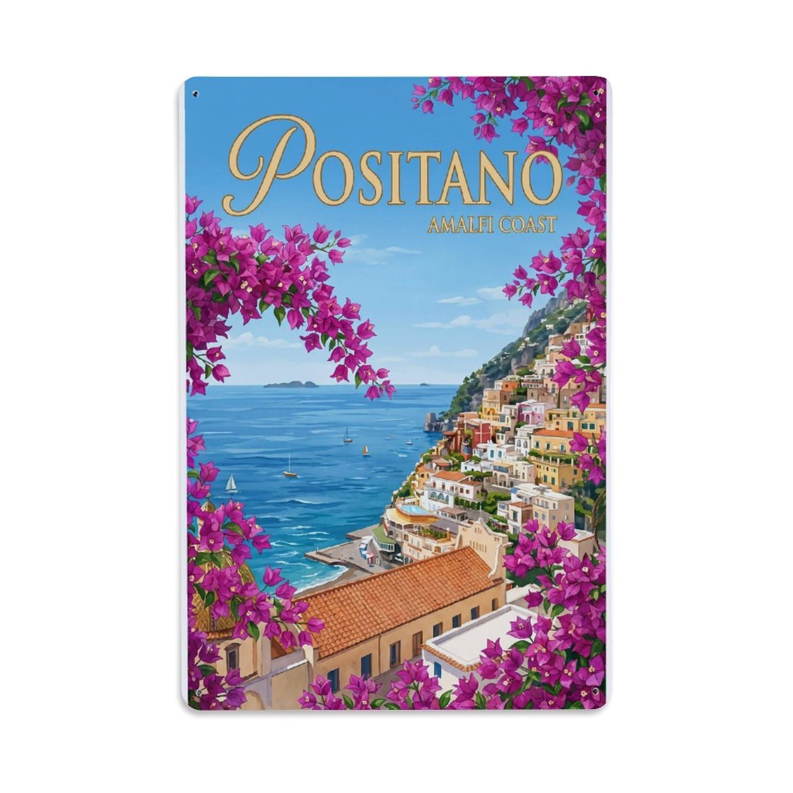 Vintage Travel Positano Italy Magenta Metal Tin Sign Plaque Wall Decor for Cafe, Club Bar, Office, Garden Metal Poster 8x12Inch