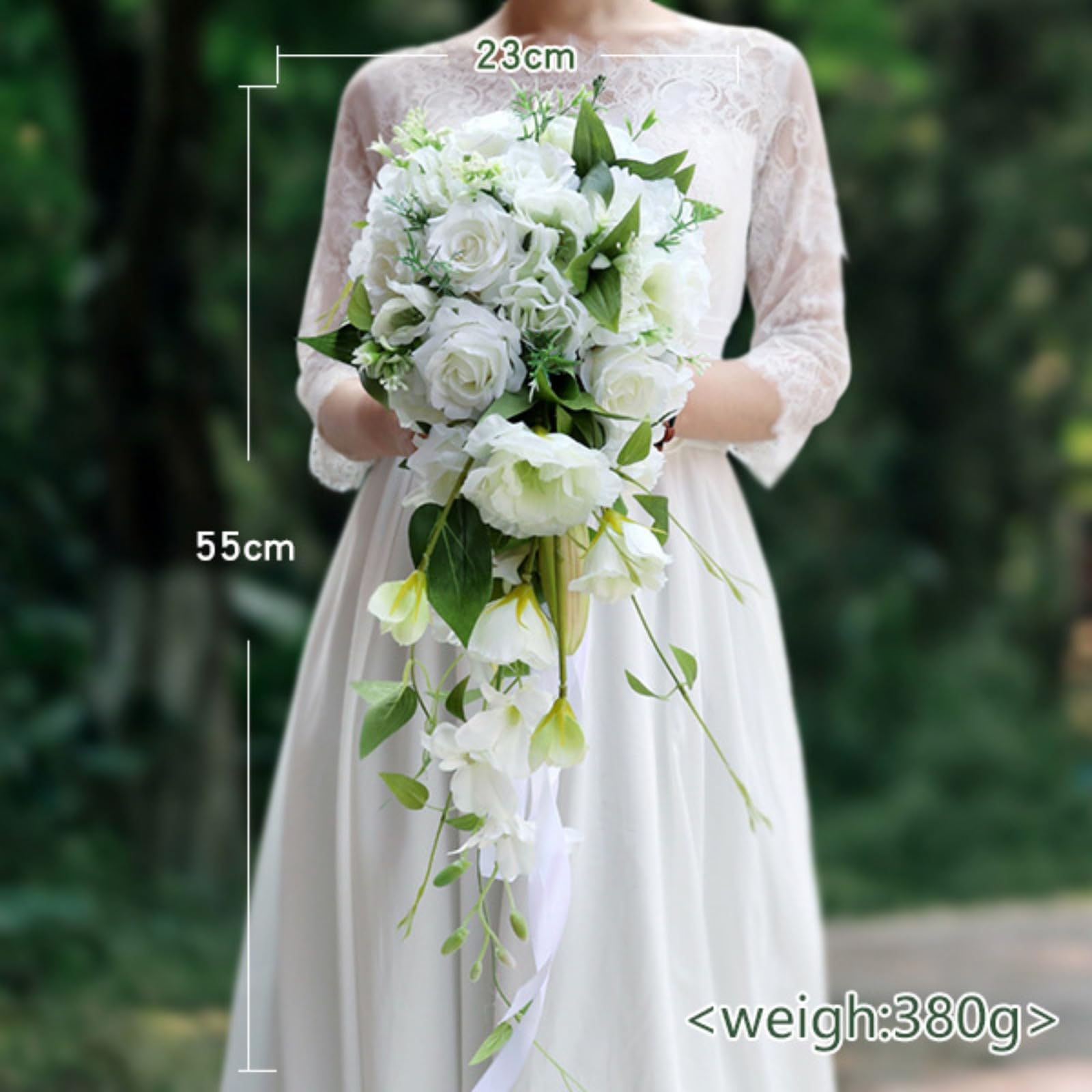 weißer künstlicher Rosen Brautstrauß mit Grünpflanzen & Satinbändern, Wasserfall Hochzeitsstrauß für Braut Fotoshooting Dekoration (White)