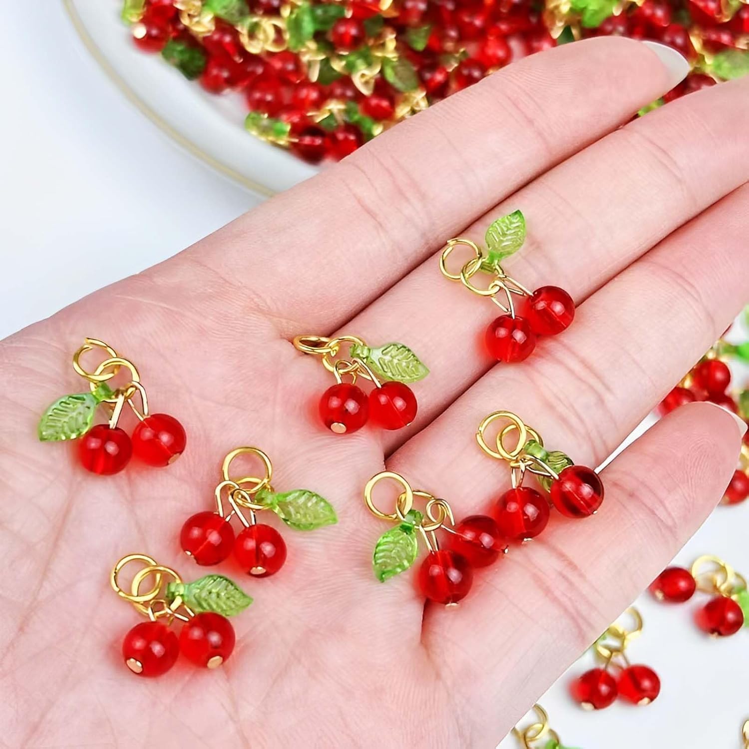 30 Pcs Red Cherry Charms Mini Cute Glass Fruit Beads Charm Acrylic Beaded Charms with Loop for Earrings Bracelets Necklaces Jewelry Making DIY Crafts - Image 2