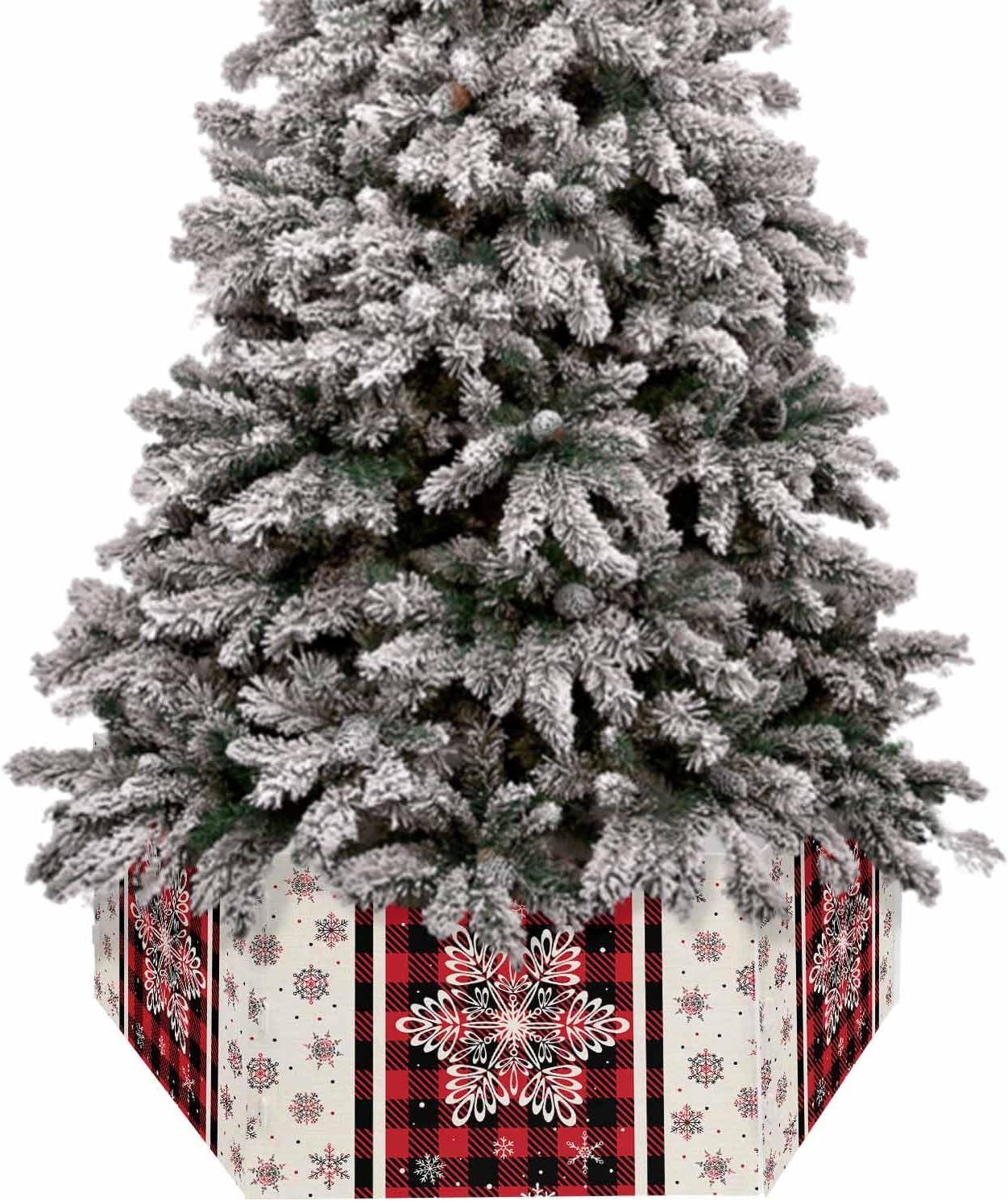 Buffalo Plaid Christmas Tree Collar - 6PCS, 17" x 10" Black & Red Geometric Stripe Art Tree Base Cover for Party & Holiday Home Decor