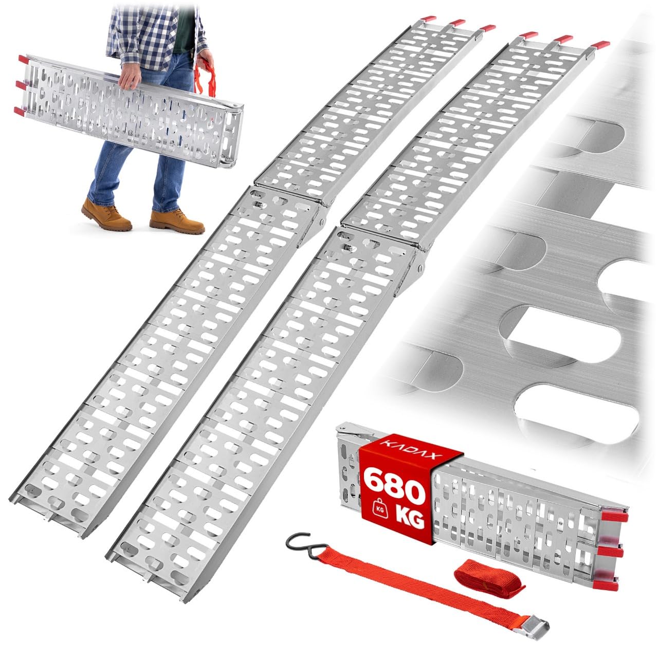 KADAX Set di 2 rampe di carico pieghevoli fino a 680 kg, rampe di carico per rimorchi, rampe in alluminio per moto, quad, tosaerba e trattorino