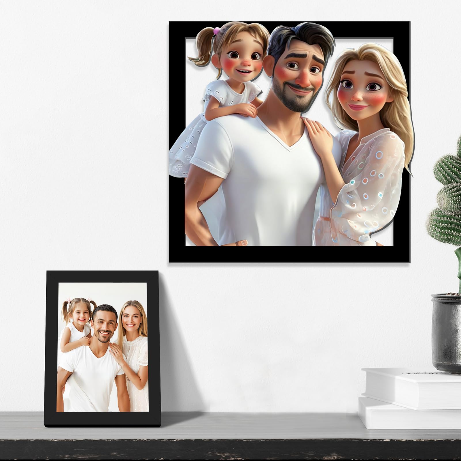 SosnSusn Letrero de Pared de Madera con Diseño de Caricatura Personalizada Foto en 3D Estilo Dibujos Animados Regalos de Pareja Aniversario Cumpleanos Foto de Familia Personalizada (Cuadrado)