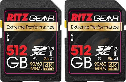Ritz Gear Extreme Performance UHS-I SDXC 512GB Paquete de 2 tarjetas SD 9060 MBS U3 A1 Clase 10 V30 Tarjeta de memoria para dispositivos que pueden