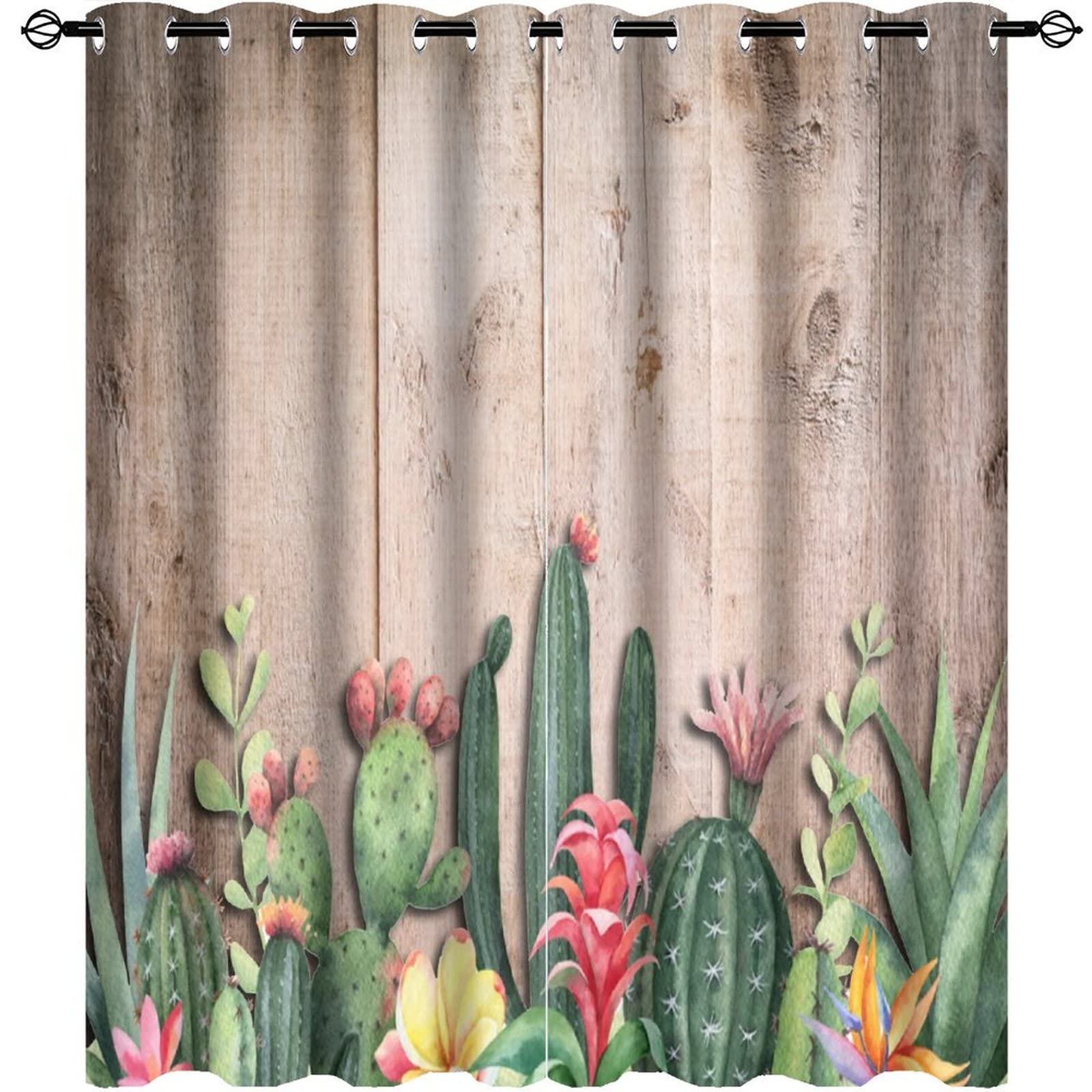 Kazynee Tropical Desert Succulent Cactus Ultra Soft Premier Blackout Curtains,Rustic Wooden Board Blossom Plant Flowers Thermal Insulated Bedroom Noise Reducing Grommet Top,2 Panels 63L x 27.5W