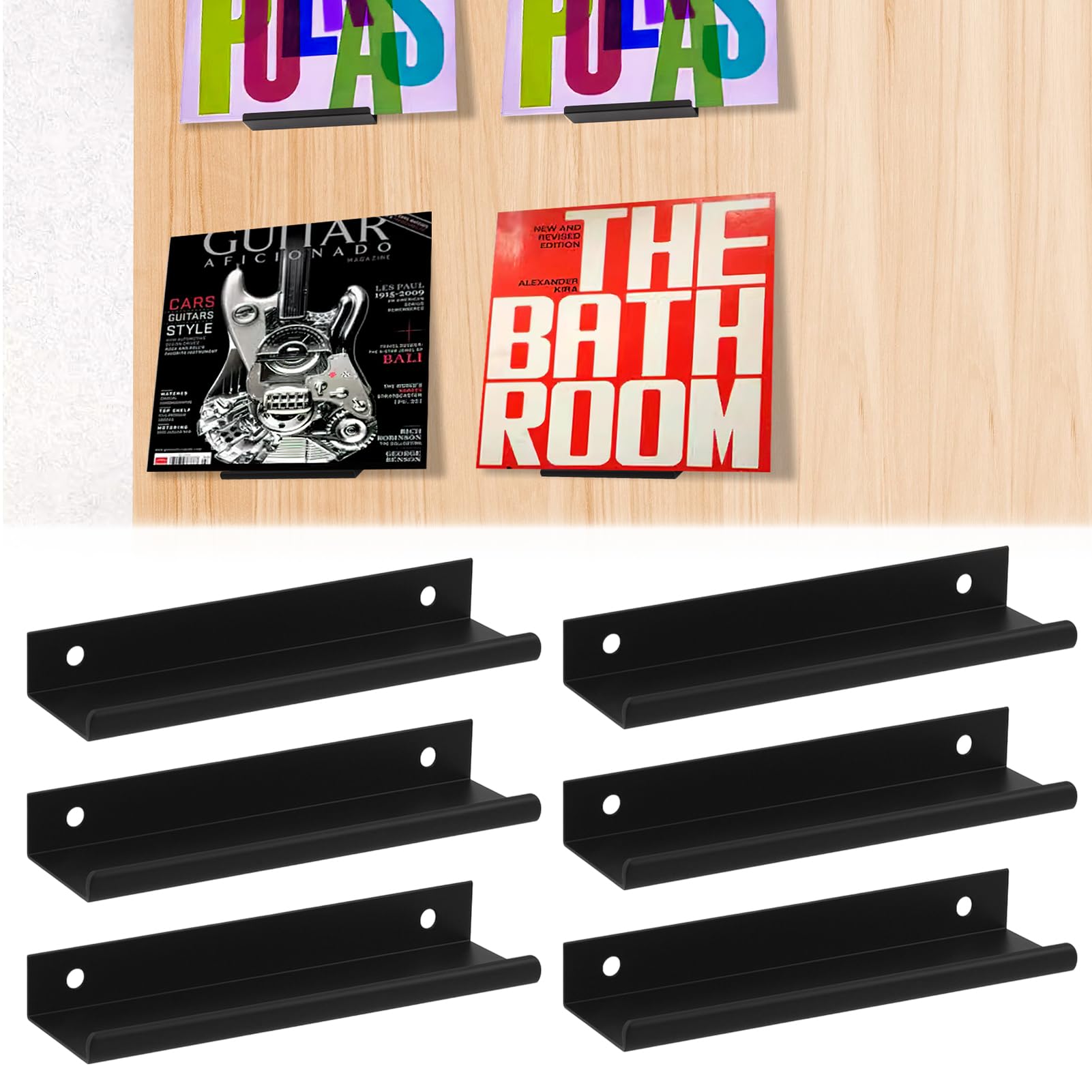 Eddrfy 6 Pack Vinyl Wall Mount Record Shelf, Black Metal Vinyl Record Display Stand for Albums LP, Minimalist Record Wall Mount Storage Rack for CD Books Magazines, Home Office Music Room Decor